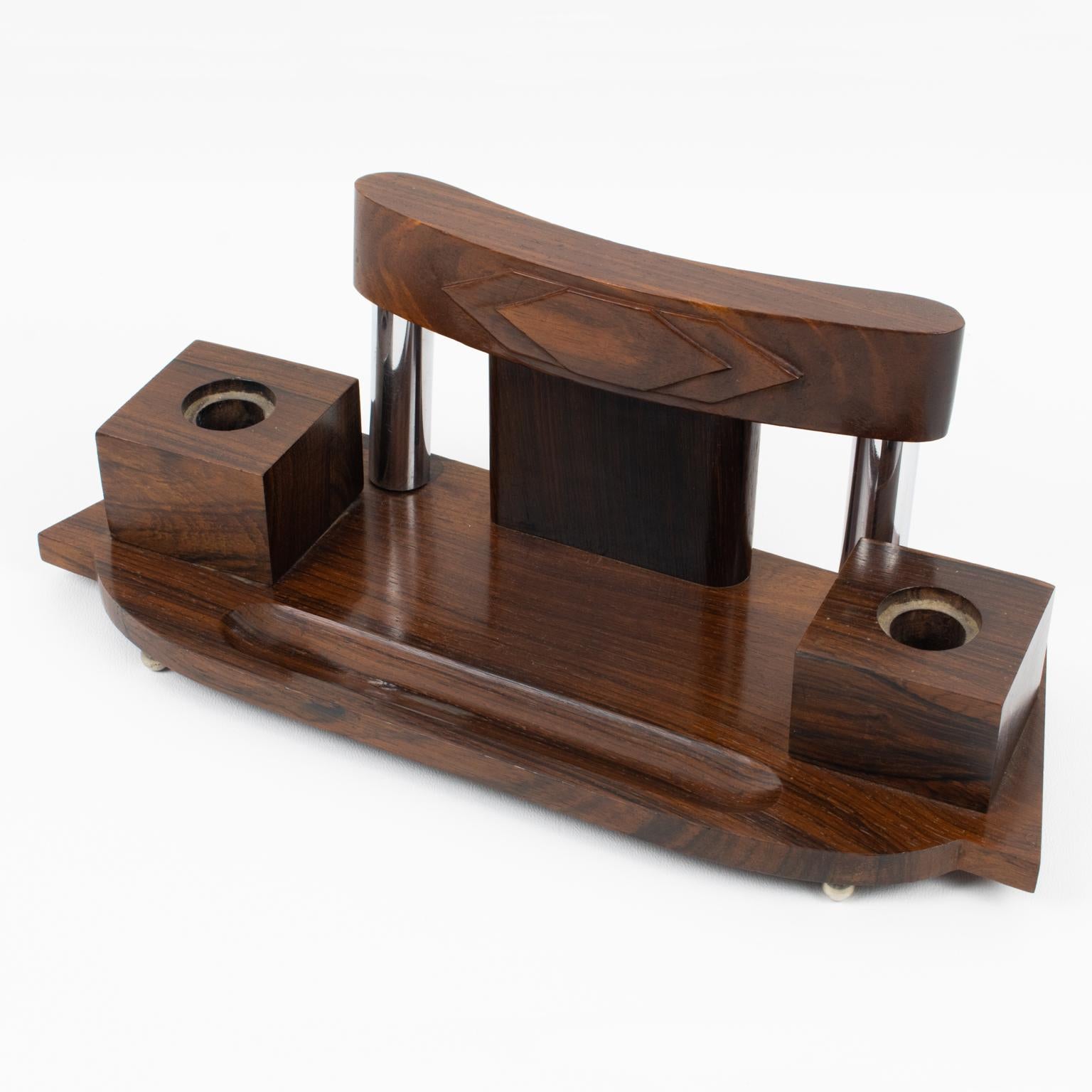 Francese Accessorio da scrivania Art Deco, calamaio e blotter in legno di Macassar e metallo, circa 1930 in vendita