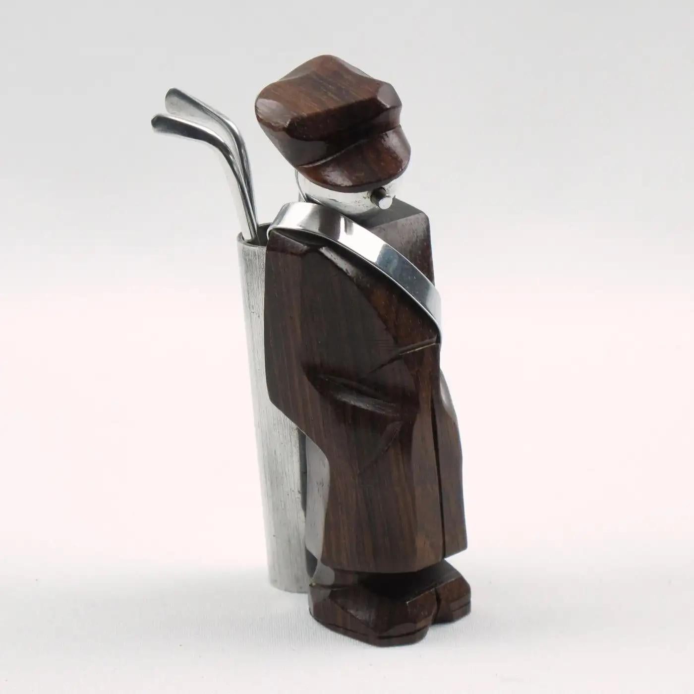 A cute French Art Deco barware cocktail set accessory made of wood and aluminum. The cocktail pick features a hand-carved Macassar wood golf caddie figurine with a carved cap and cast aluminum metalhead. The club holder has three metal cocktail