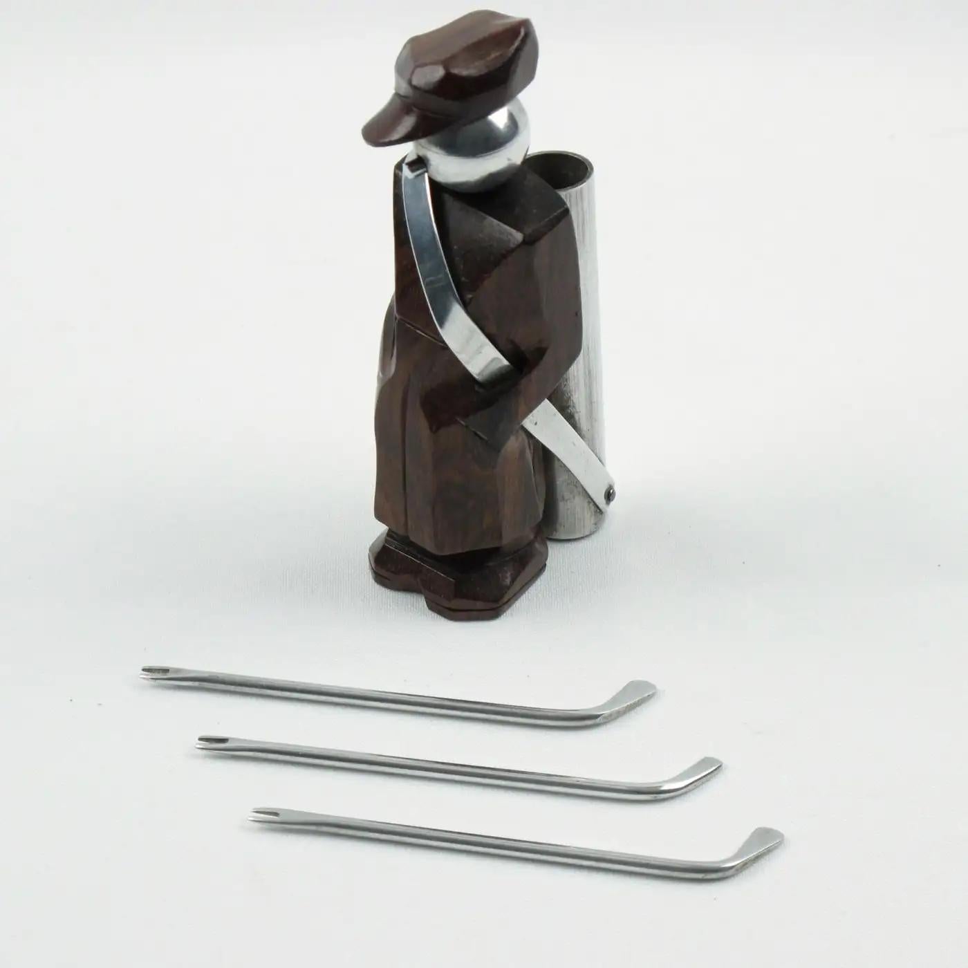 Art Deco Macassar Wood and Metal Golf Caddie Cocktail Picks, France 1930s For Sale 1