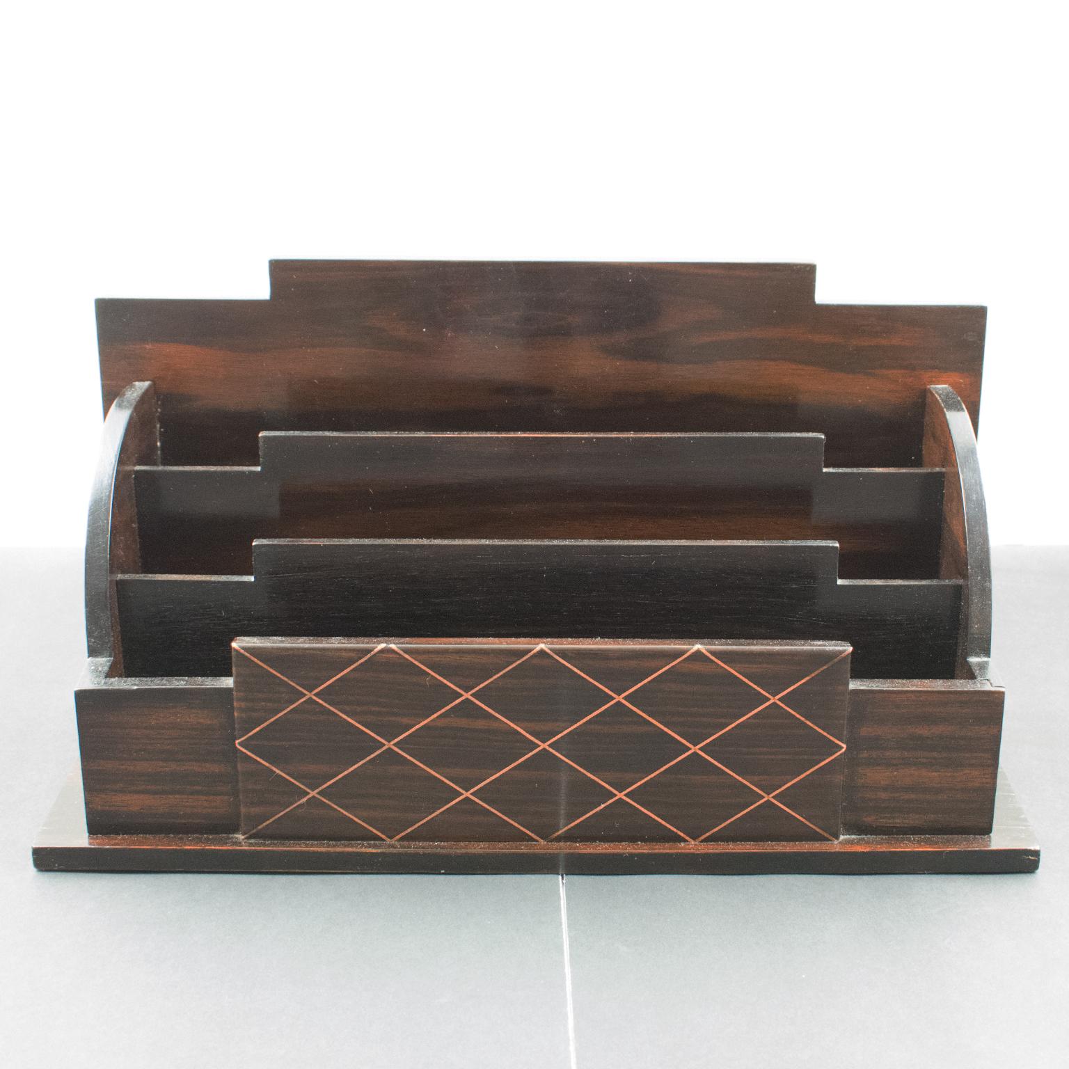 Art Deco Macassar Wood and Metal Letter Holder Desk Organizer 7