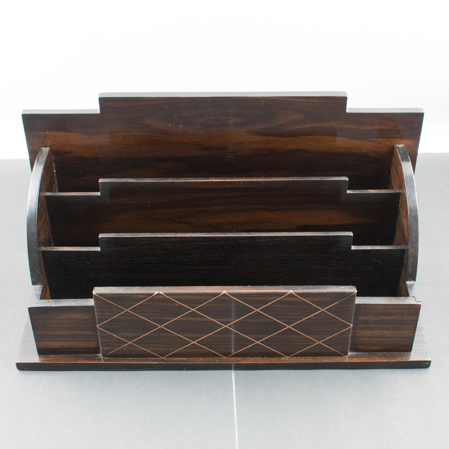 Art Deco Macassar Wood and Metal Letter Holder Desk Organizer 1