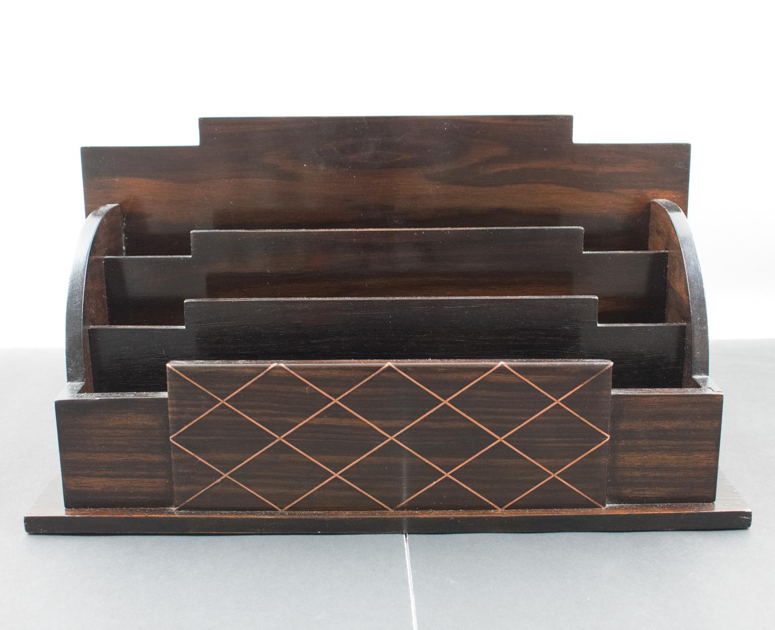 Art Deco Macassar Wood and Metal Letter Holder Desk Organizer 2