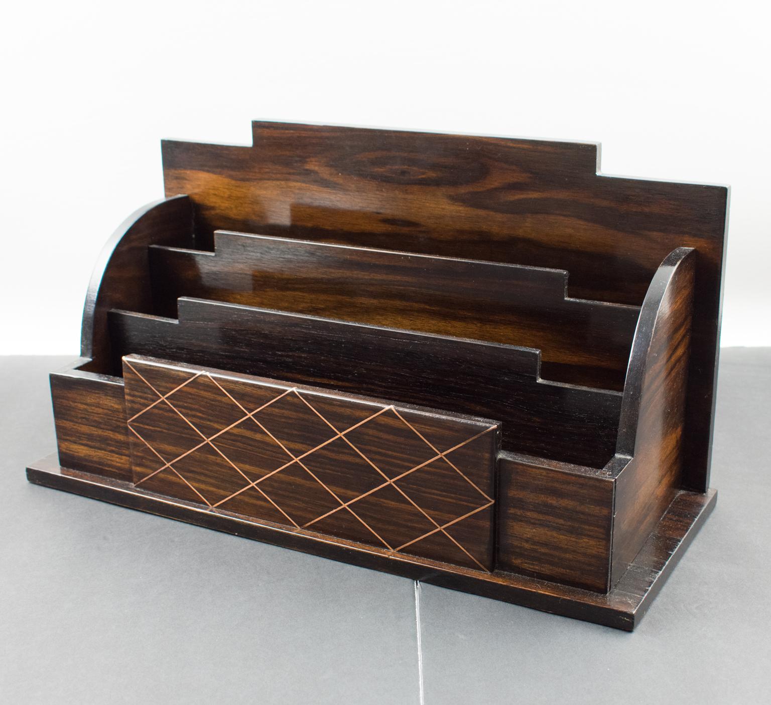 Art Deco Macassar Wood and Metal Letter Holder Desk Organizer 3