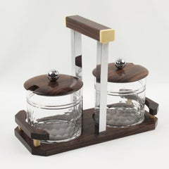 Ensemble de pots à condiments Art Déco en bois de macassar, chrome et cristal