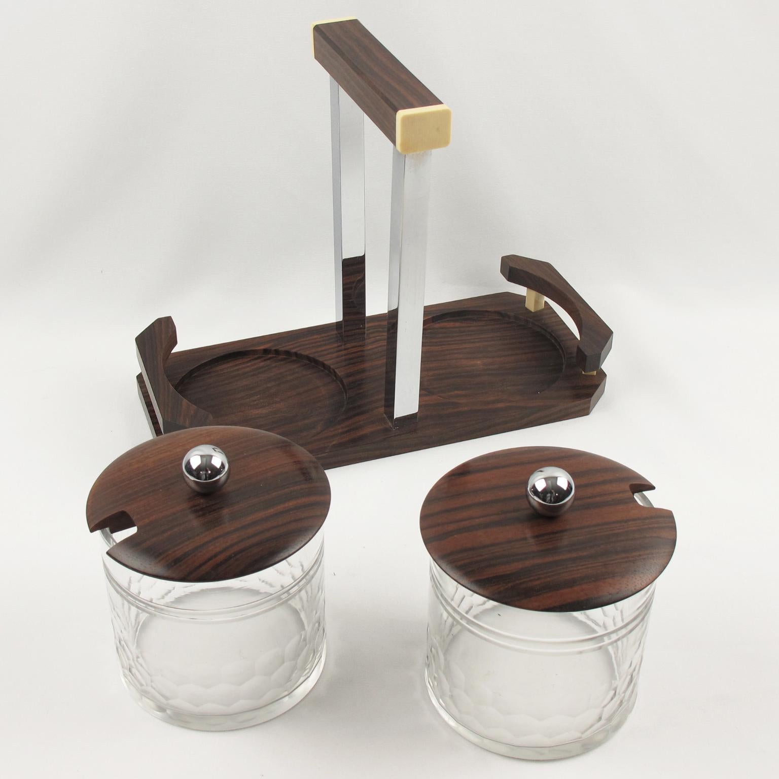 French Art Deco Macassar Wood, Chrome and Crystal Jar Condiment Set