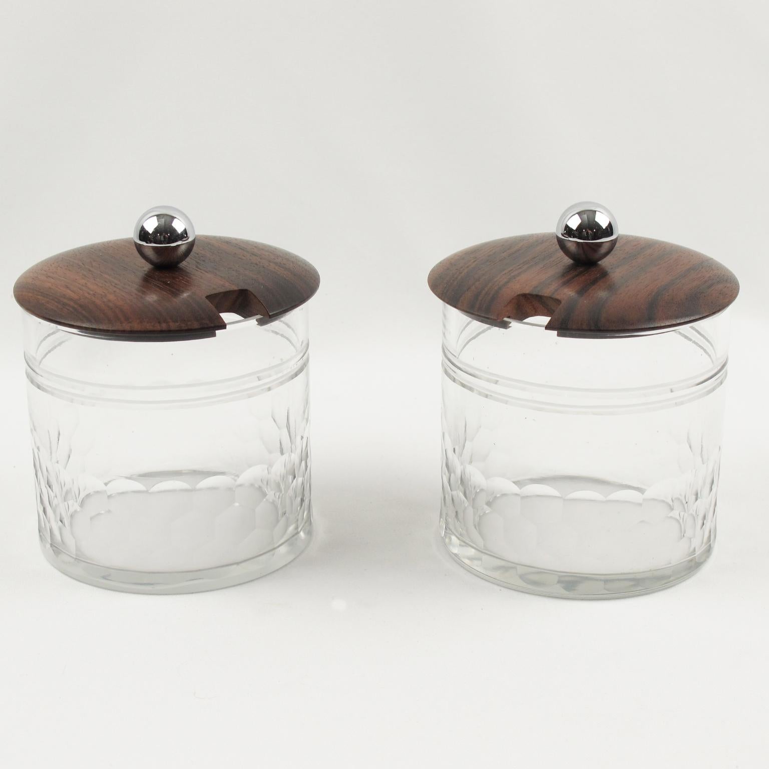 Mid-20th Century Art Deco Macassar Wood, Chrome and Crystal Jar Condiment Set