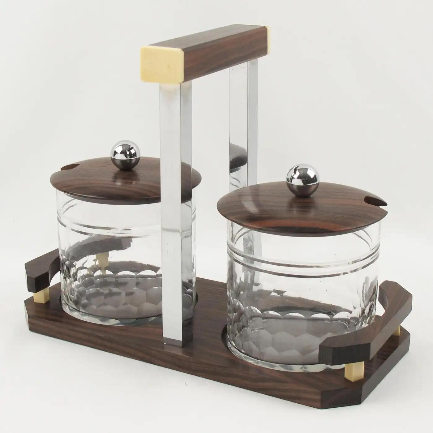 French Art Deco Macassar Wood, Chrome and Crystal Jar Condiment Set For Sale