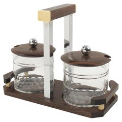 Art Deco Macassar Wood, Chrome and Crystal Jar Condiment Set