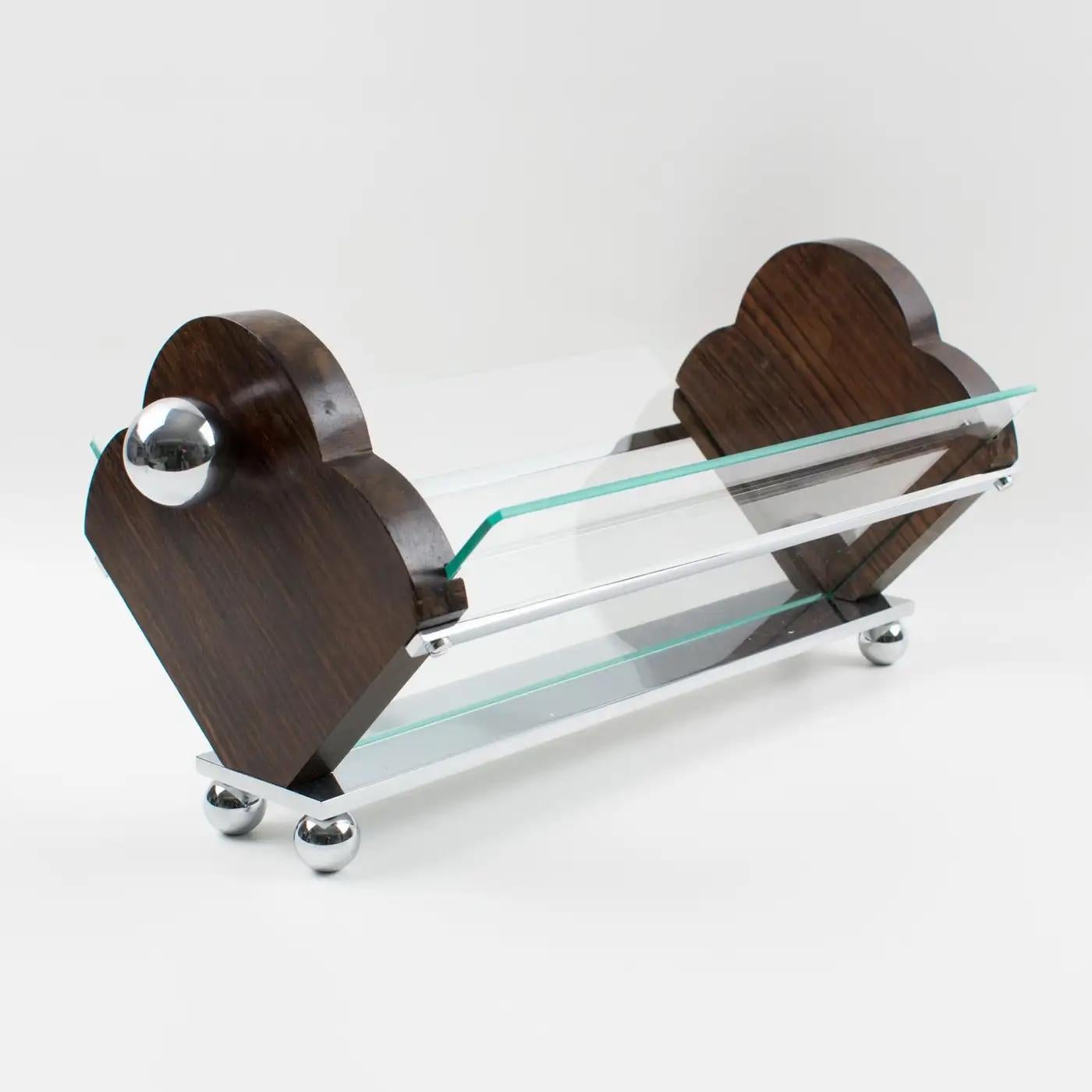 Métal Corbeille de centre de table Art Déco en bois de Macassar, chrome et verre en vente