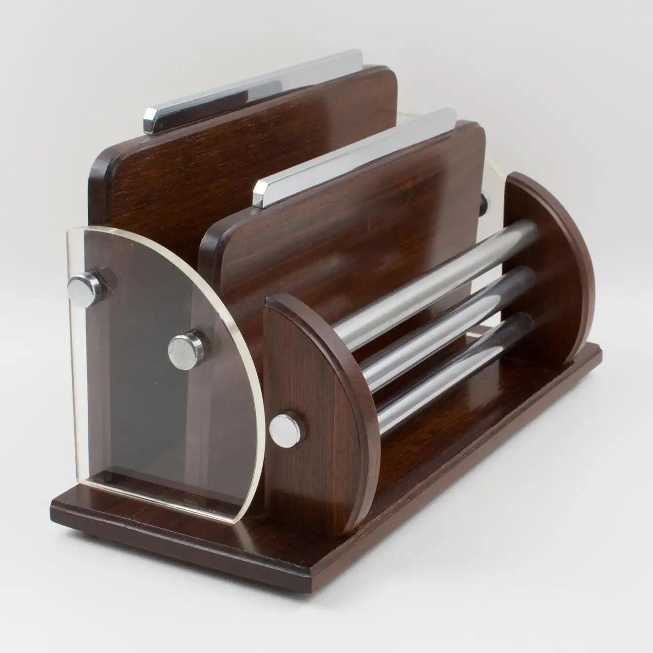 Art Deco Macassar Wood, Chrome and Lucite Desk Accessory Letter Holder In Good Condition For Sale In Atlanta, GA