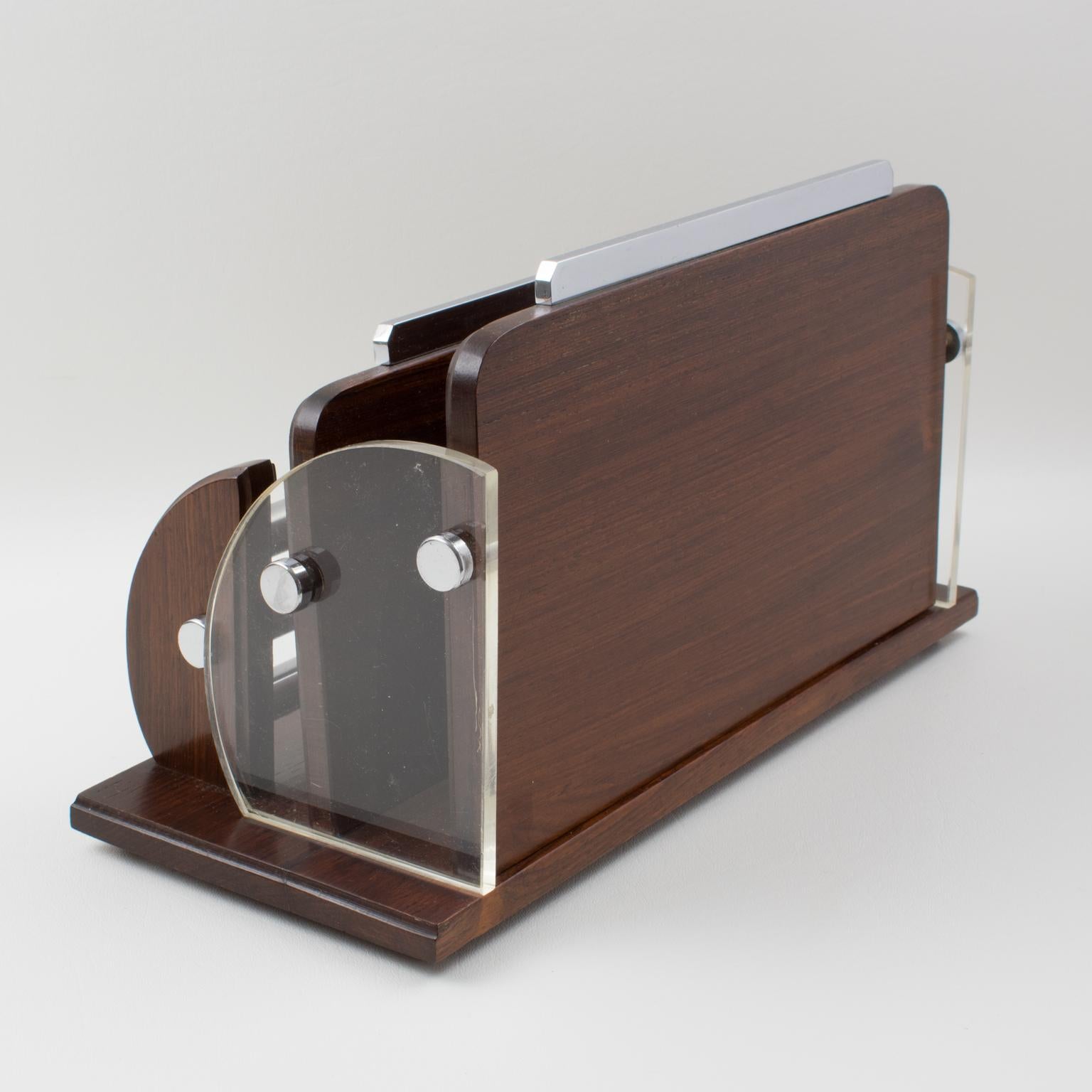 Mid-20th Century Art Deco Macassar Wood, Chrome and Lucite Desk Accessory Letter Holder For Sale