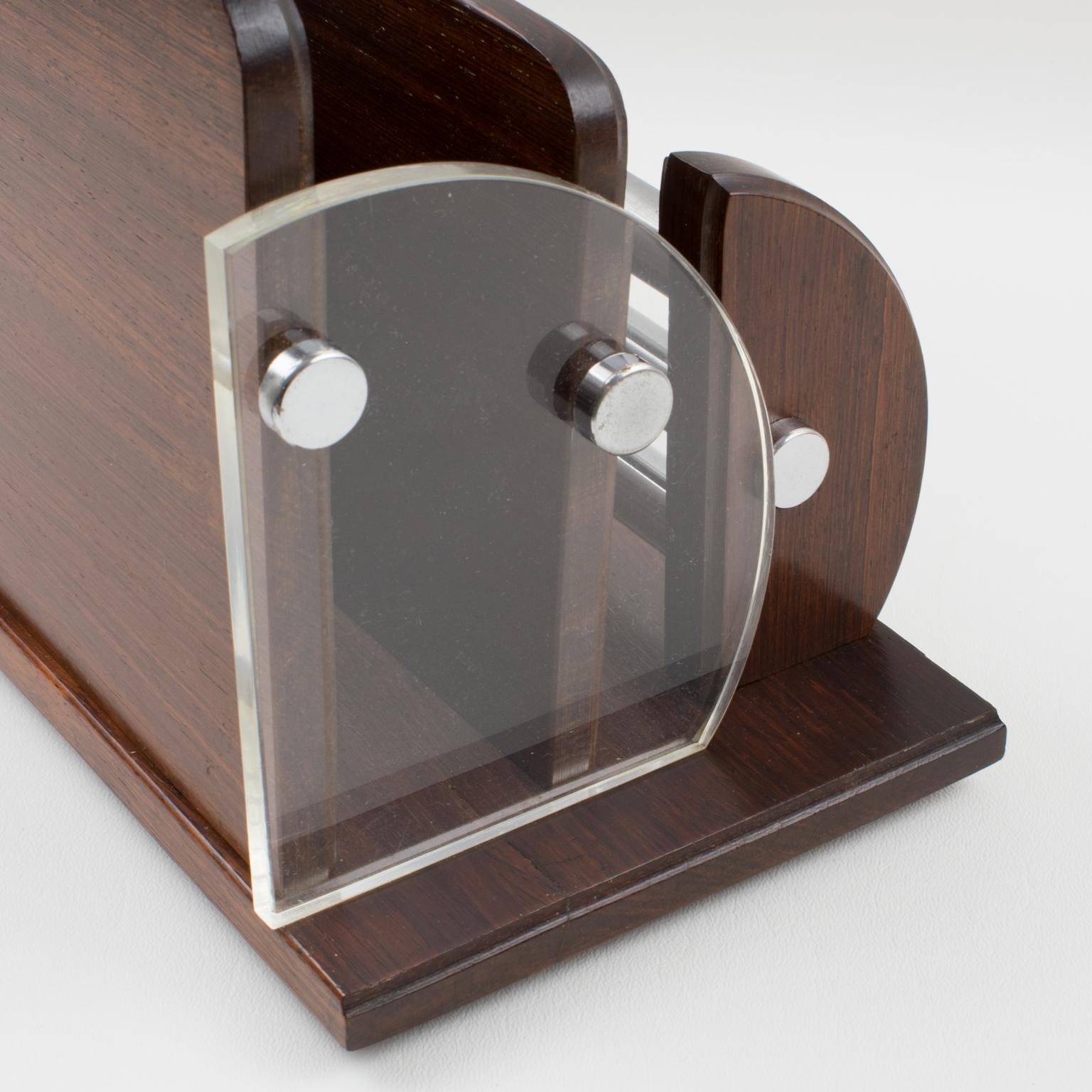 Metal Art Deco Macassar Wood, Chrome and Lucite Desk Accessory Letter Holder For Sale
