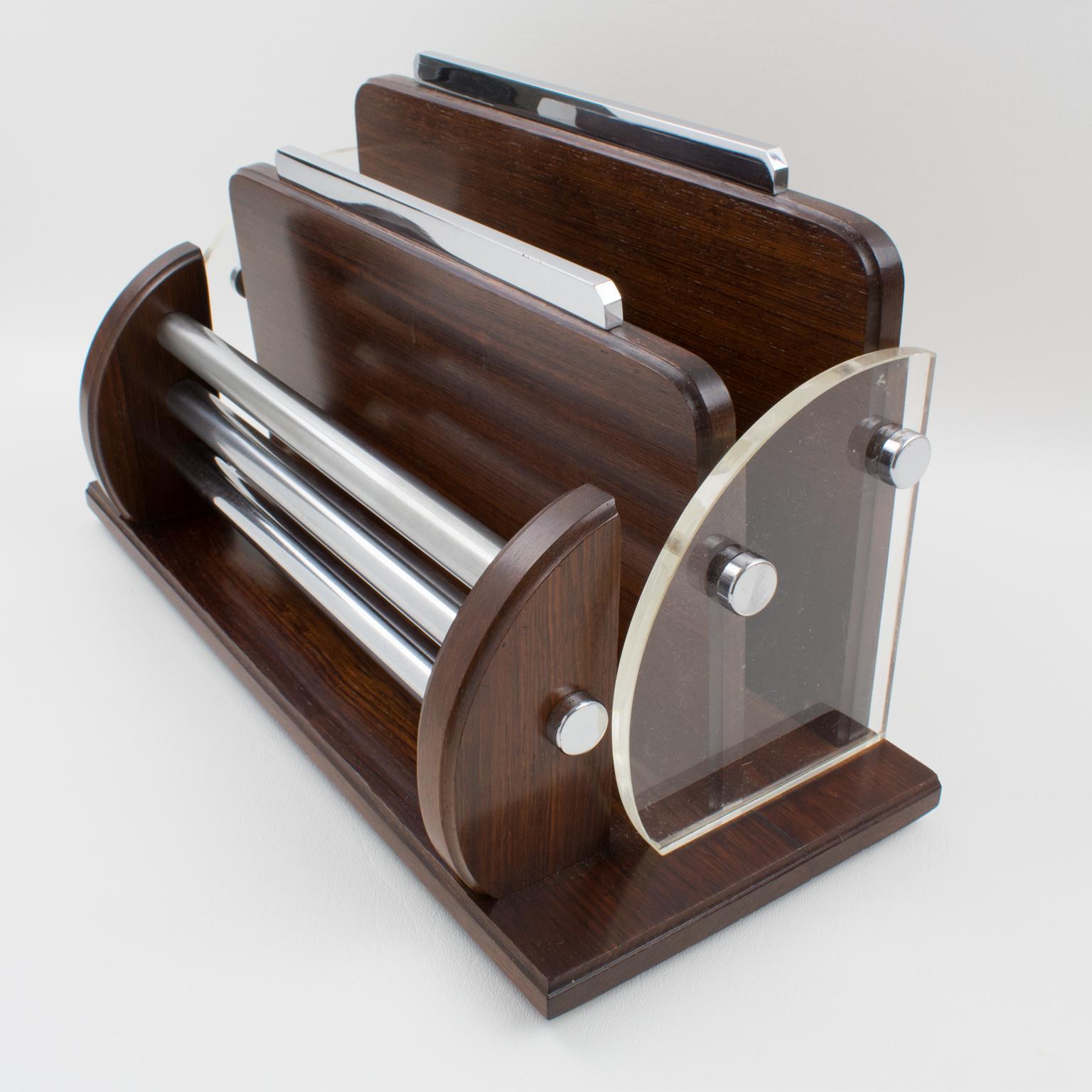 Art Deco Macassar Wood, Chrome and Lucite Desk Accessory Letter Holder For Sale 1