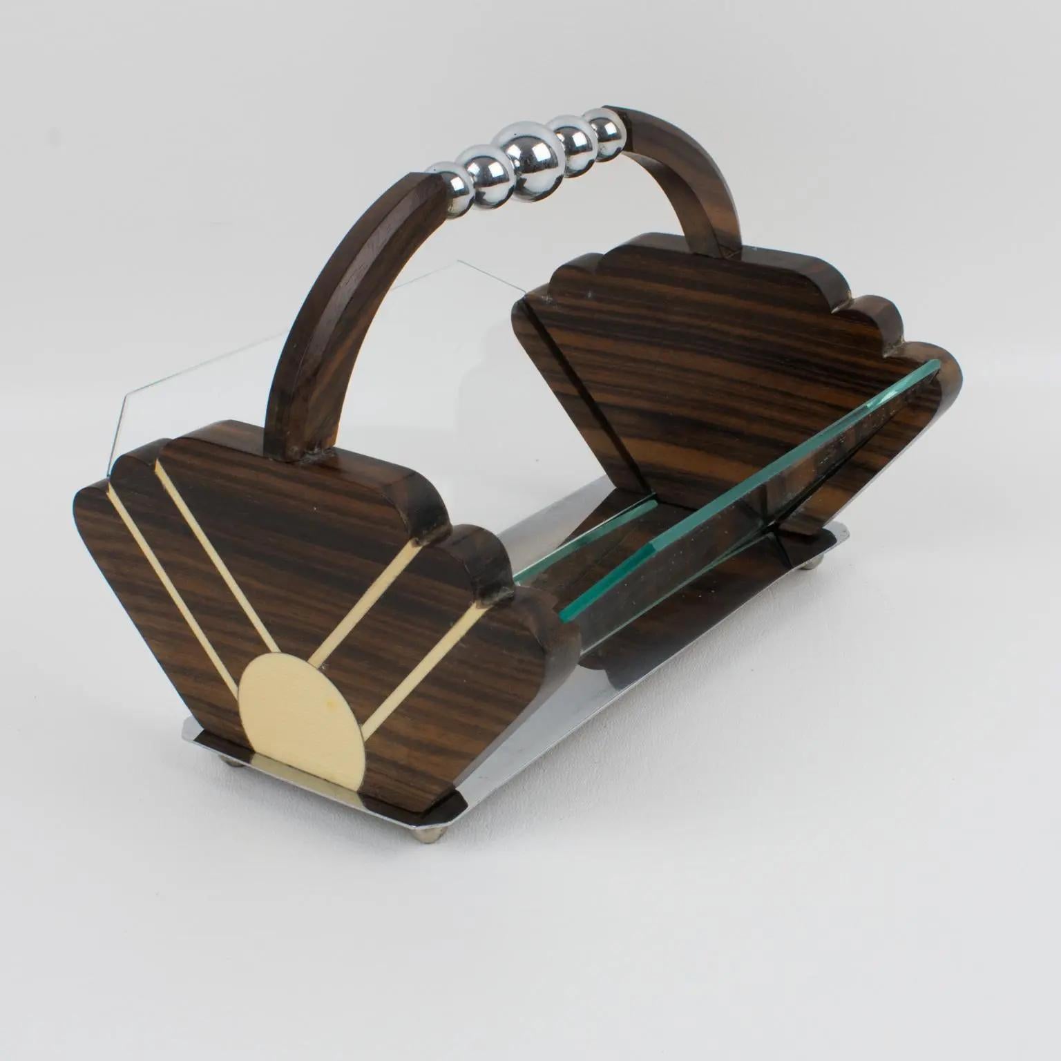 Art Deco Makassar Holz Chrom Tafelaufsatz Schale Korb (Französisch) im Angebot