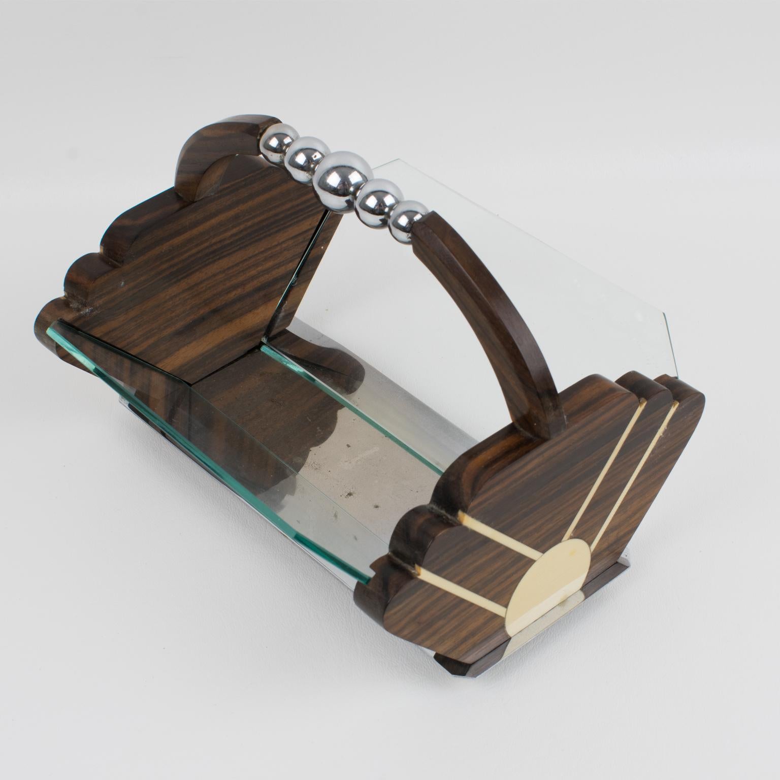 Art Deco Macassar Wood Chrome Centerpiece Bowl Basket In Good Condition For Sale In Atlanta, GA