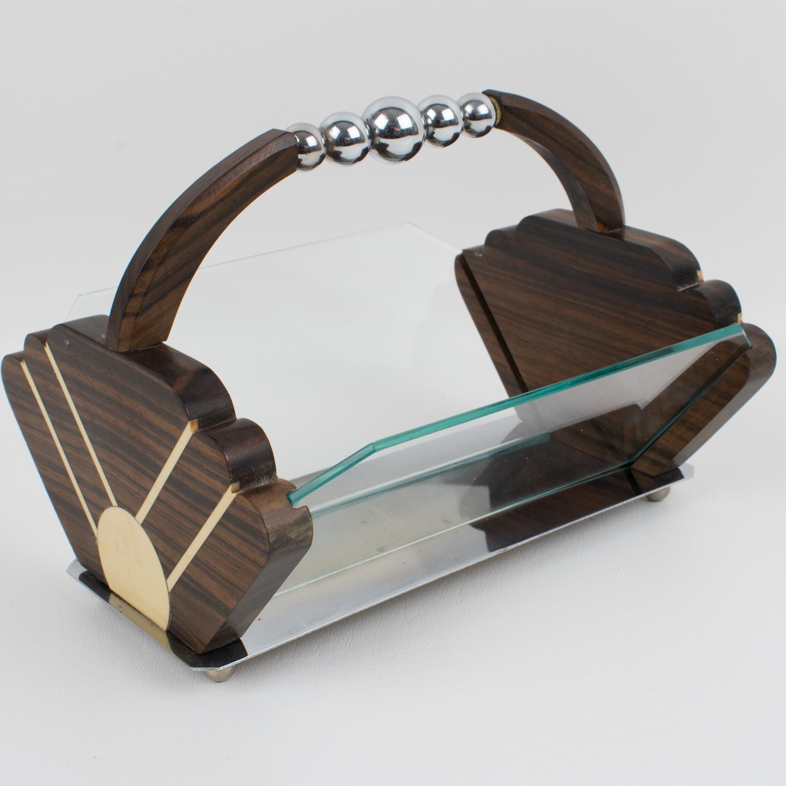 Art Deco Macassar Wood Chrome Centerpiece Bowl Basket For Sale 3