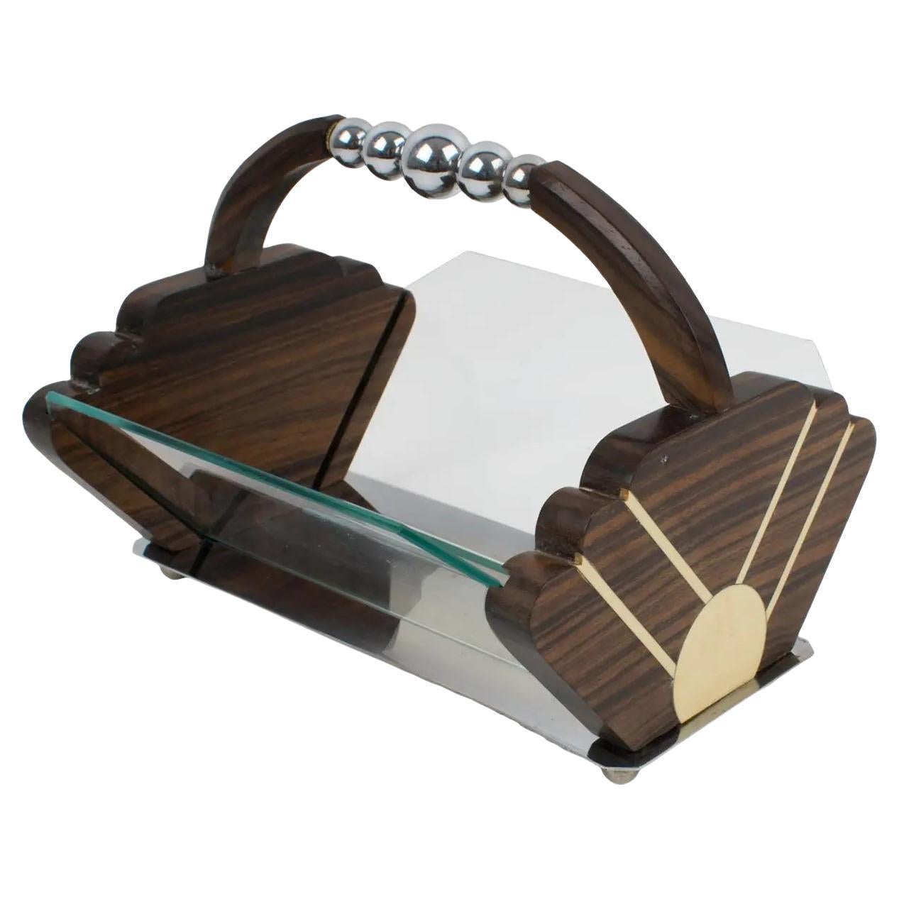 Art Deco Macassar Wood Chrome Centerpiece Bowl Basket For Sale