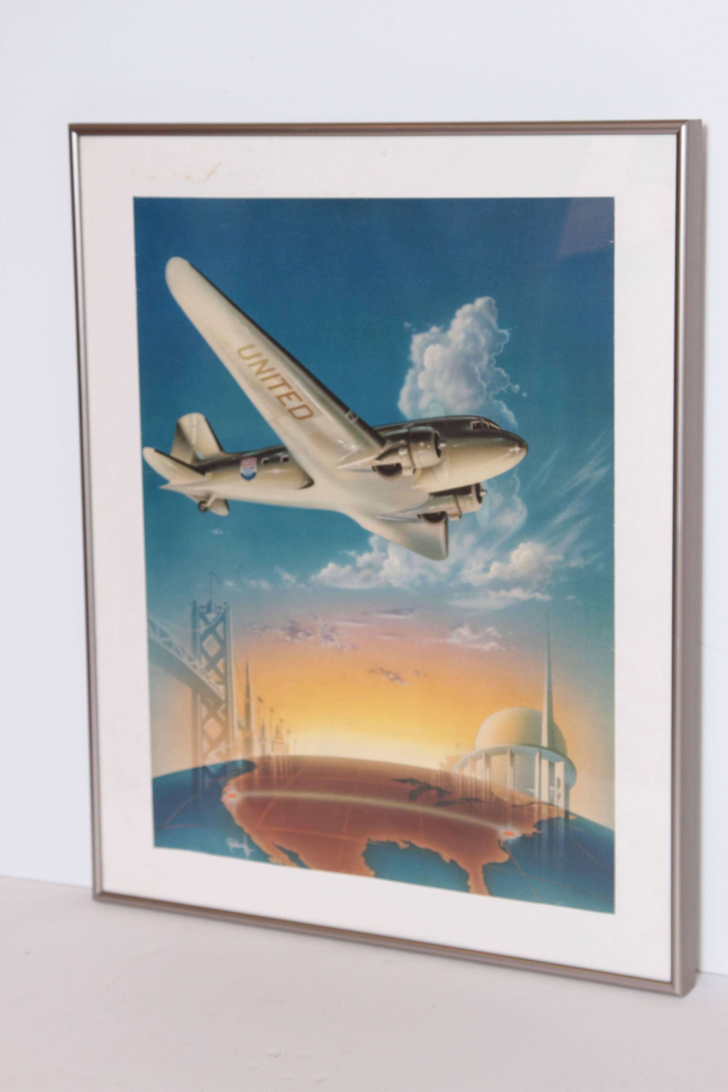 Original Art Deco Machine Age 1939 World's Fair Poster United Airlines Transcontinental Route by Radebaugh. DC 3

Features United's transcon DC 3 flying over a map of the US between San Francisco and New York City.
Stylized images from both 1939