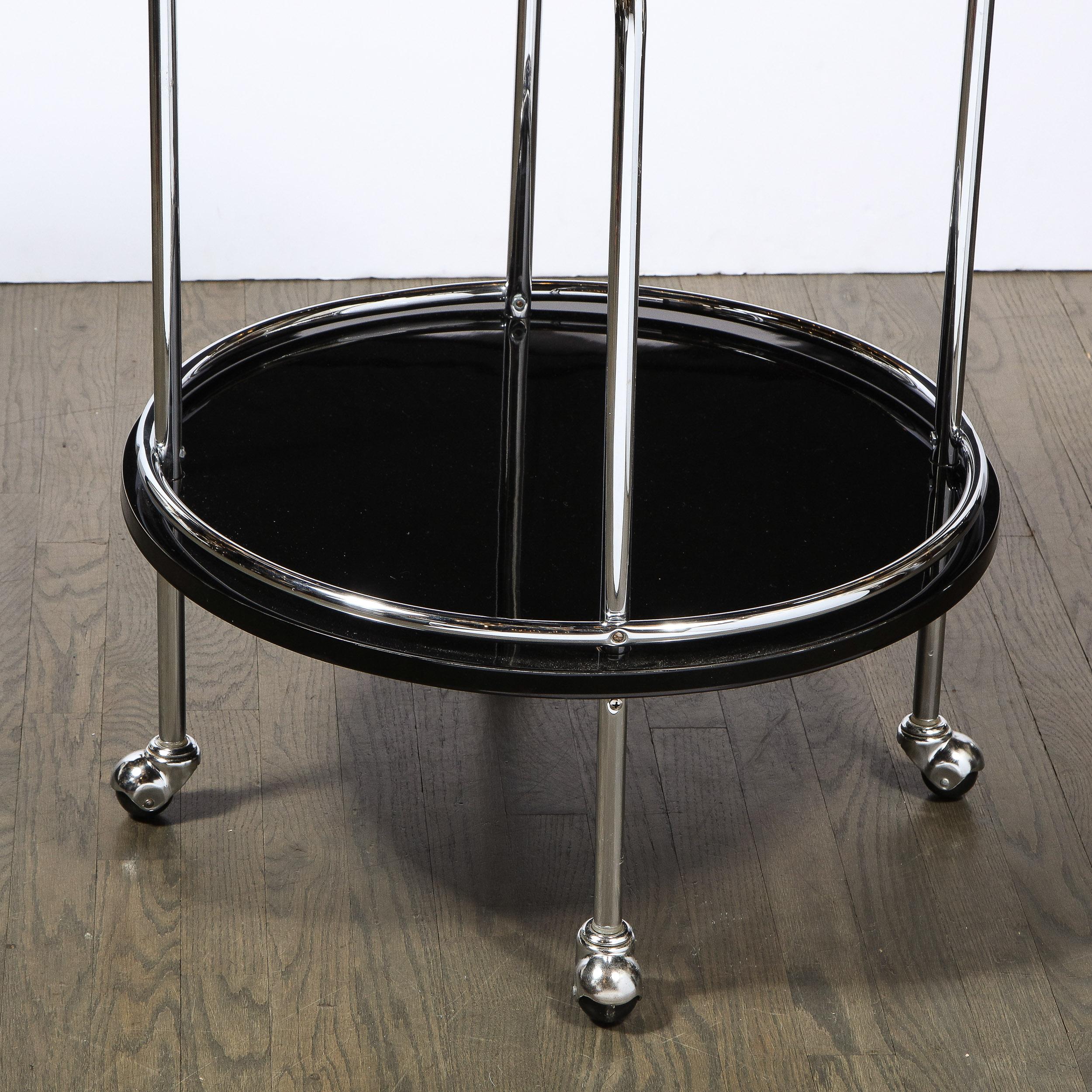 Art Deco Machine Age 2-Tier Polished Chrome & Black Lacquer Bar/ Serving Cart In Excellent Condition In New York, NY