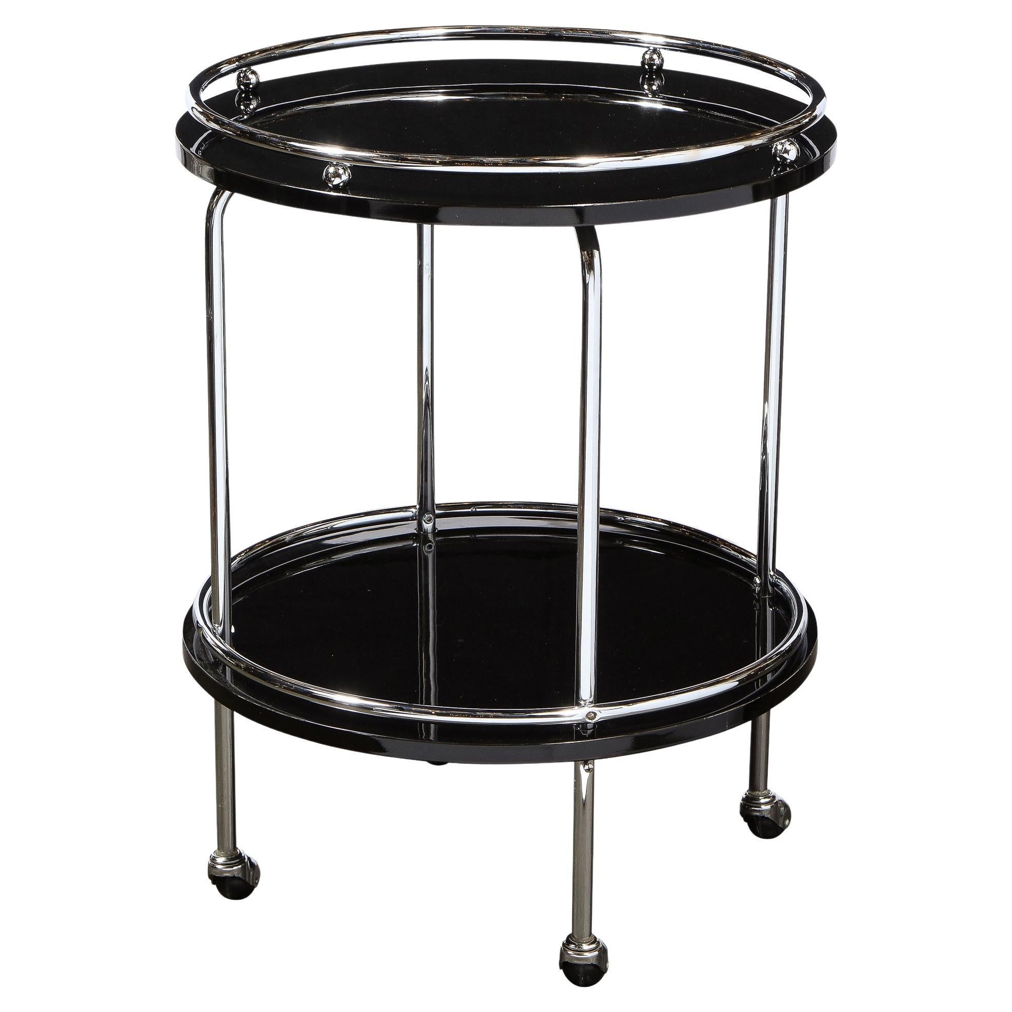 Art Deco Machine Age 2-Tier Polished Chrome & Black Lacquer Bar/ Serving Cart