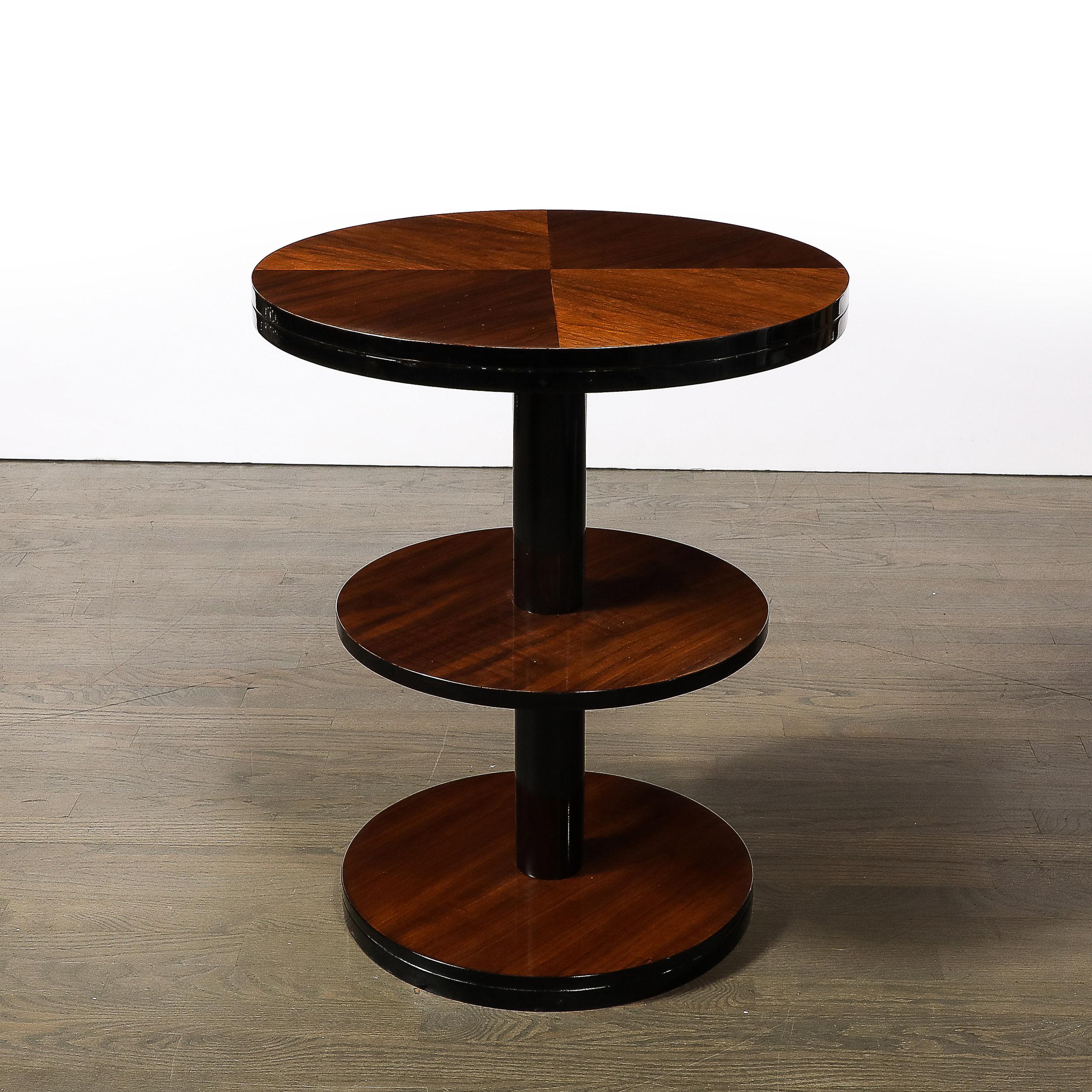 Art Deco Machine Age 3-Tier Round Side Table in Book-Matched Walnut & Lacquer 5