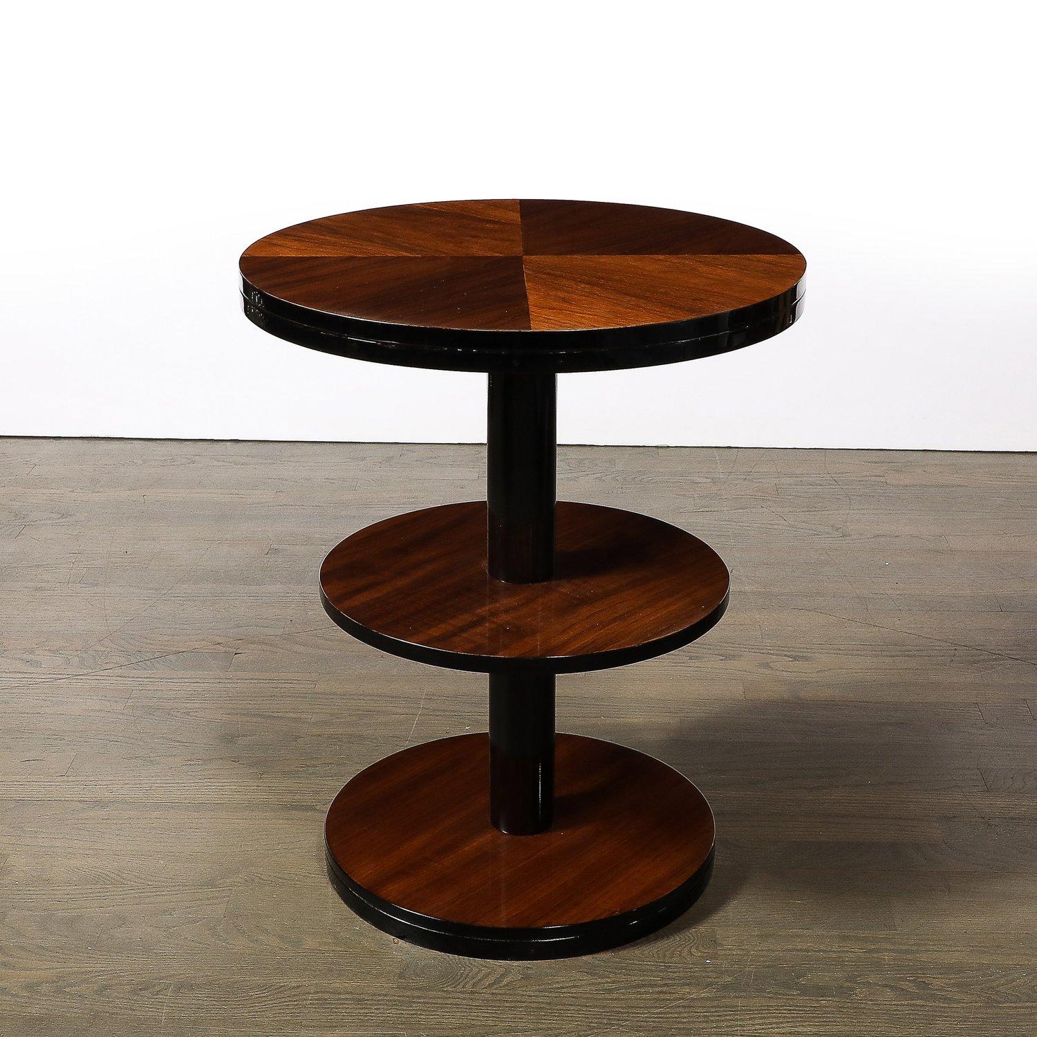 Art Deco Machine Age 3-Tier Round Side Table in Book-Matched Walnut & Lacquer For Sale 5