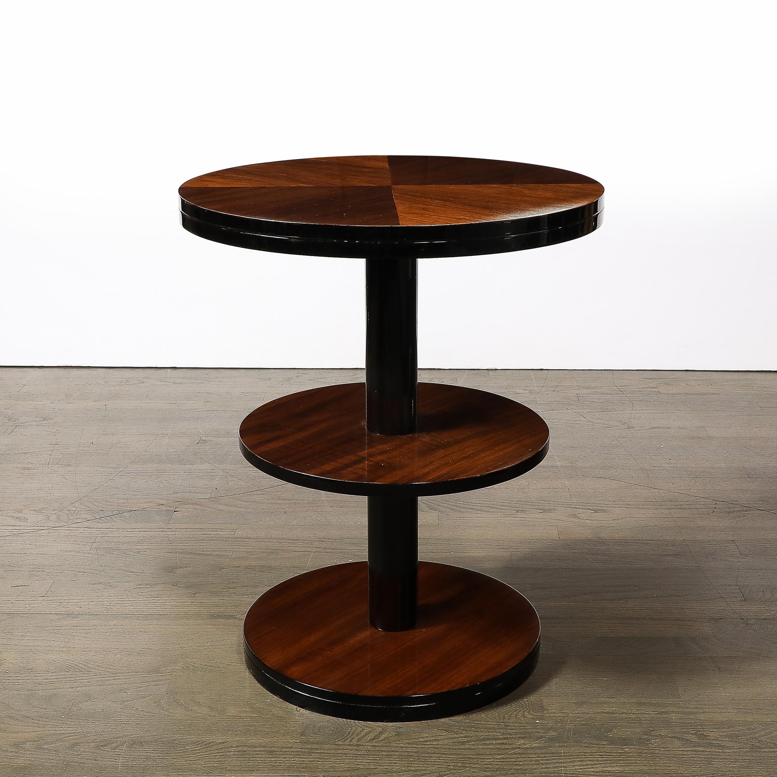 Art Deco Machine Age 3-Tier Round Side Table in Book-Matched Walnut & Lacquer 6