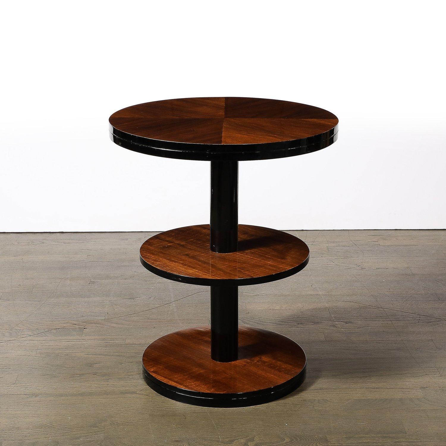 American Art Deco Machine Age 3-Tier Round Side Table in Book-Matched Walnut & Lacquer For Sale