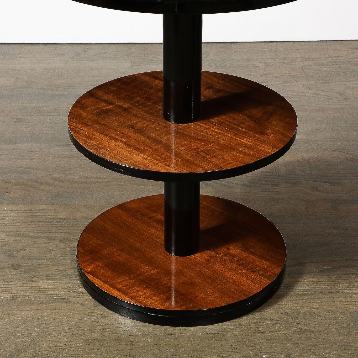 Mid-20th Century Art Deco Machine Age 3-Tier Round Side Table in Book-Matched Walnut & Lacquer For Sale