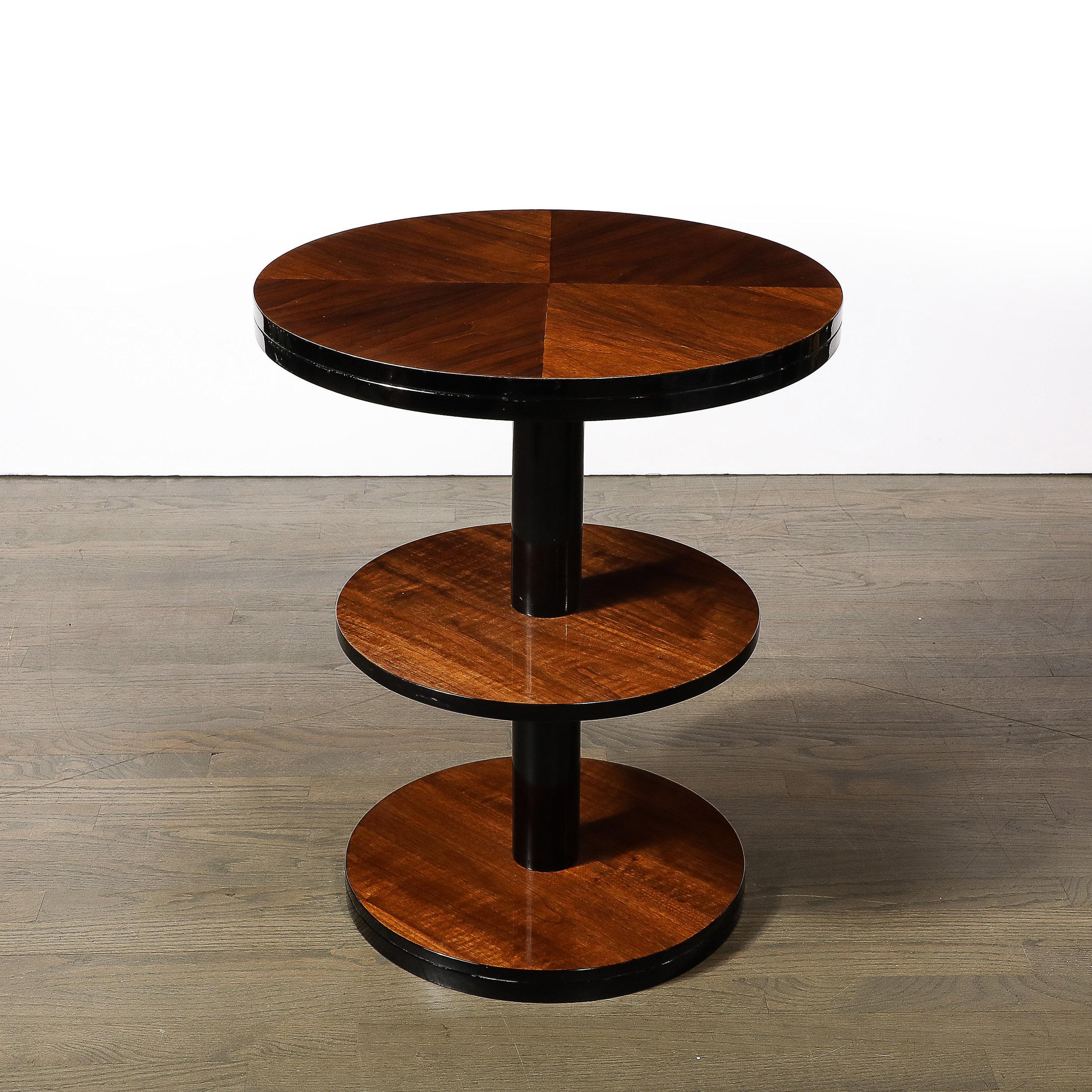 Art Deco Machine Age 3-Tier Round Side Table in Book-Matched Walnut & Lacquer 1