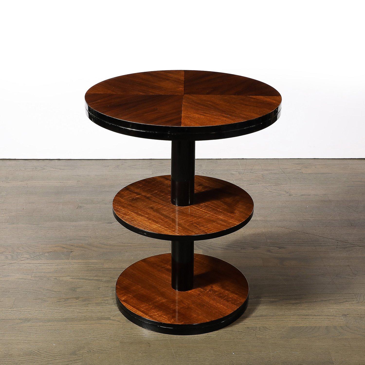 Art Deco Machine Age 3-Tier Round Side Table in Book-Matched Walnut & Lacquer For Sale 1