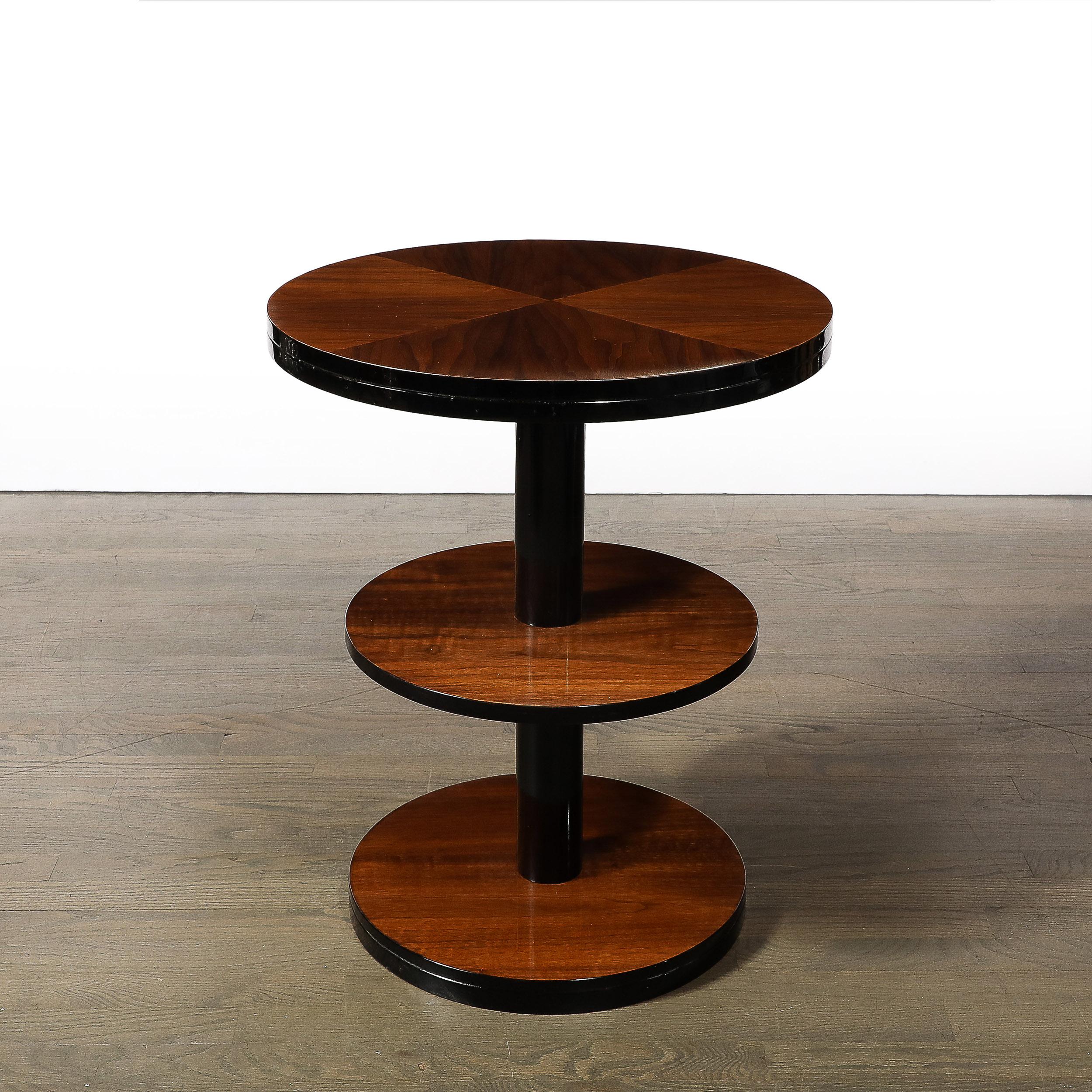Art Deco Machine Age 3-Tier Round Side Table in Book-Matched Walnut & Lacquer 2