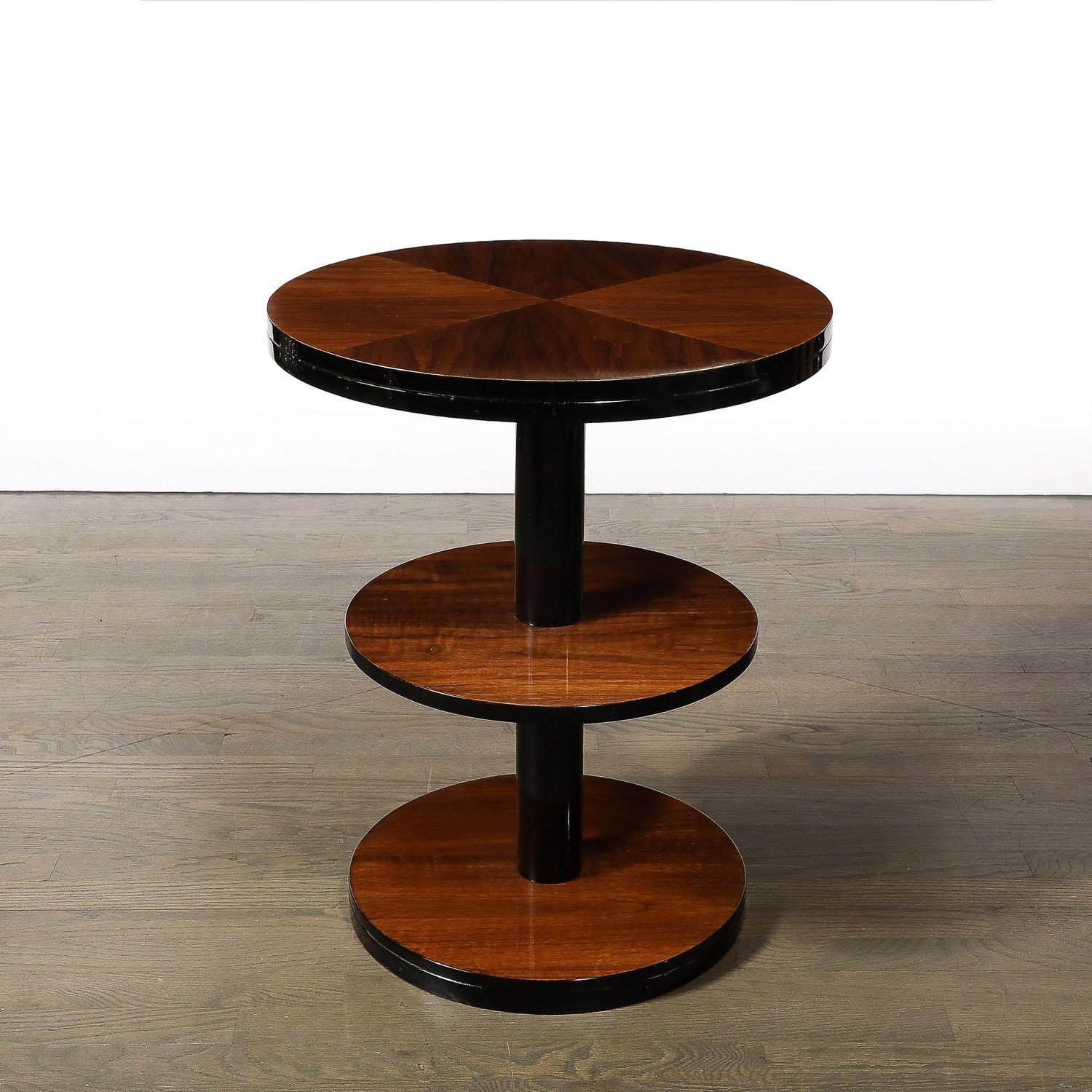Art Deco Machine Age 3-Tier Round Side Table in Book-Matched Walnut & Lacquer For Sale 2