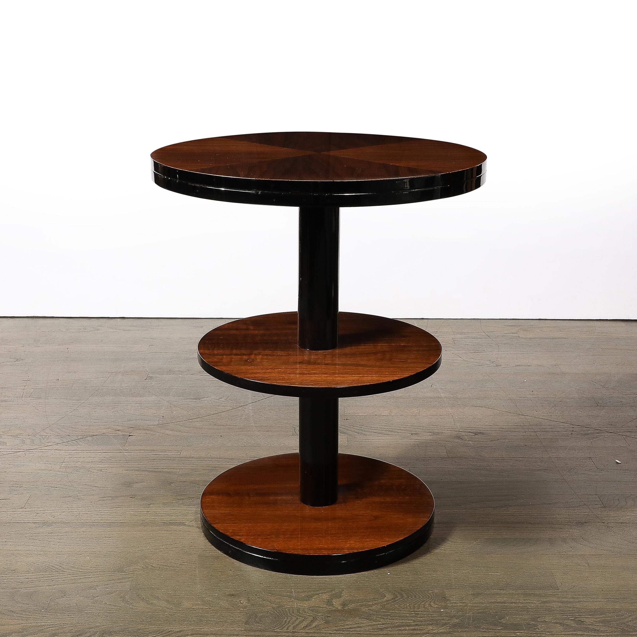 Art Deco Machine Age 3-Tier Round Side Table in Book-Matched Walnut & Lacquer 3