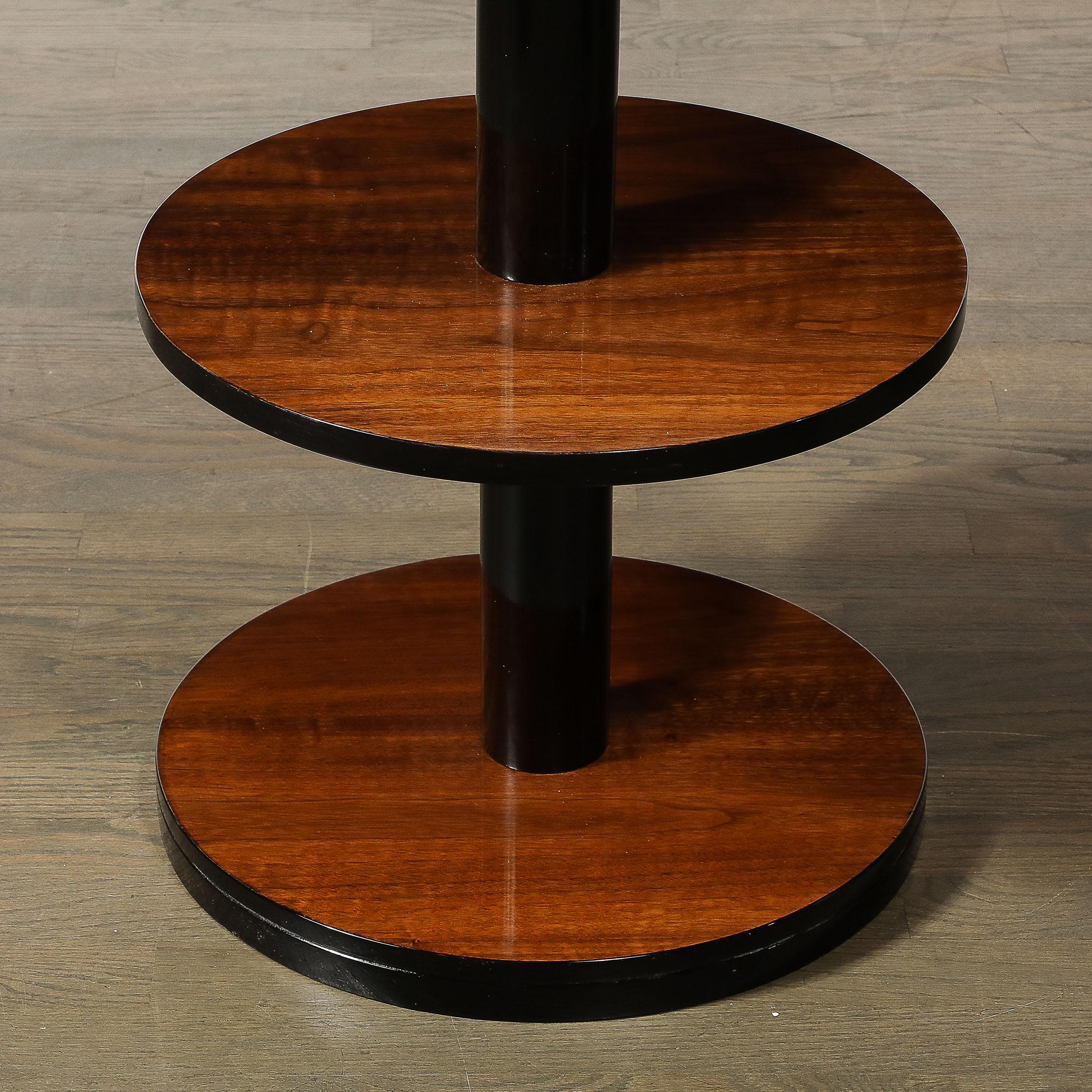 Art Deco Machine Age 3-Tier Round Side Table in Book-Matched Walnut & Lacquer 4