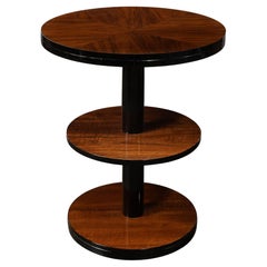 Art Deco Machine Age 3-Tier Round Side Table in Book-Matched Walnut & Lacquer