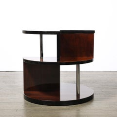 Tavolo Occasionale a 3 livelli in noce Art Deco Machine Age con supporti per aste cromati