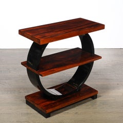 Art Deco Machine Age 3-Tier Walnut Side Table w/ Black Lacquer Round Support