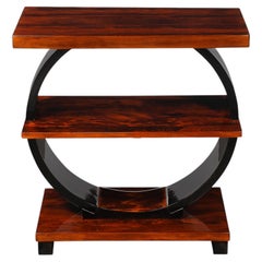 Art Deco Machine Age 3-Tier Walnut Side Table w/ Black Lacquer Round Support