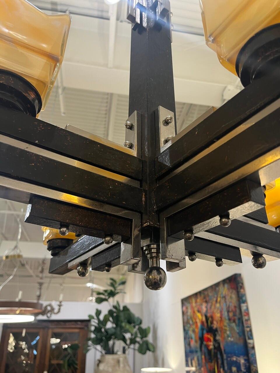 Art Deco Machine Age 8 Light Chandelier In Good Condition For Sale In Houston, TX