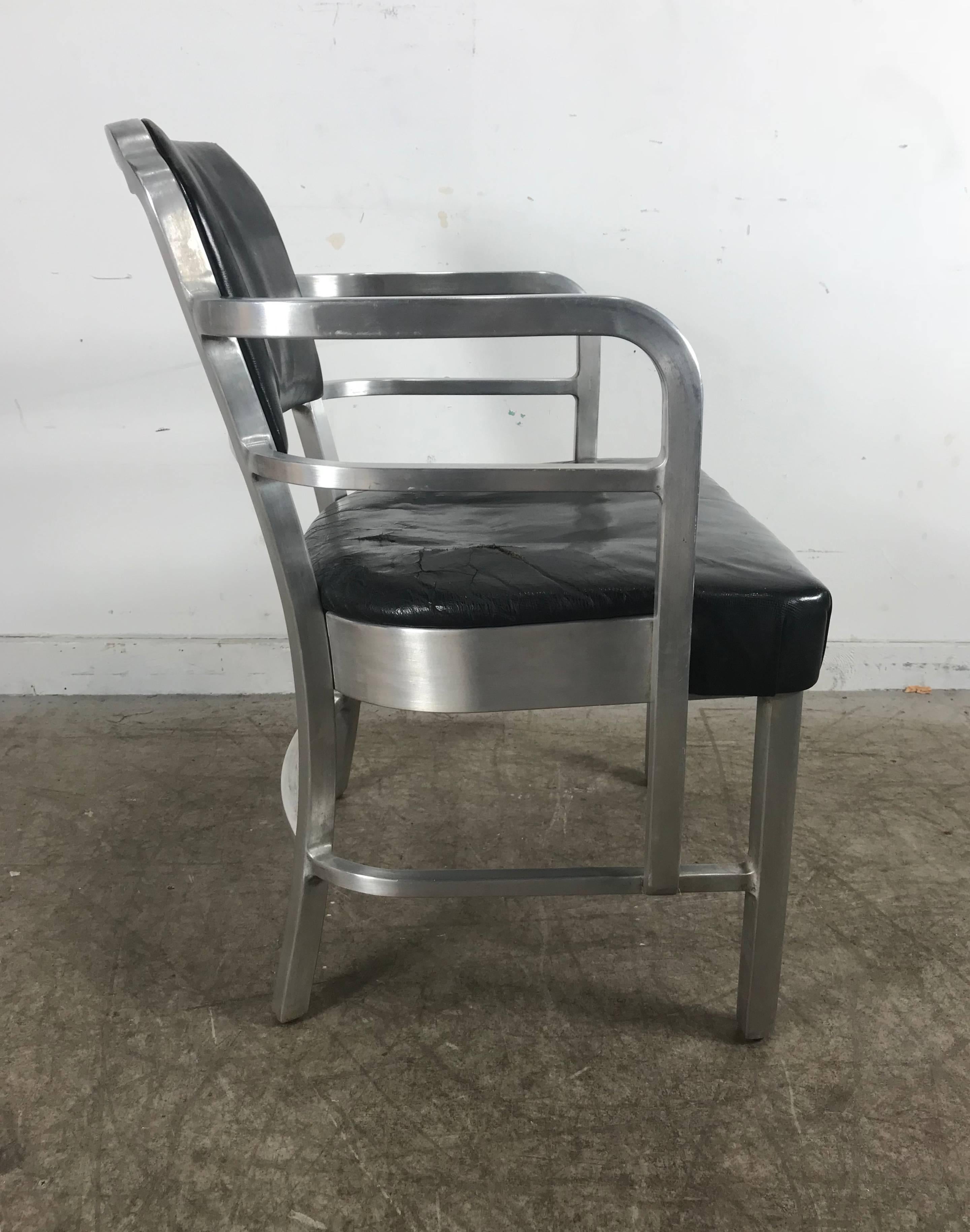Art Deco. Machine age aluminum and leather armchair by GoodForm. General Fireproofing with its design elements of KEM Weber and Warren McArthur, it’s easily the best Aluminum armchair ever produced by GoodForm.