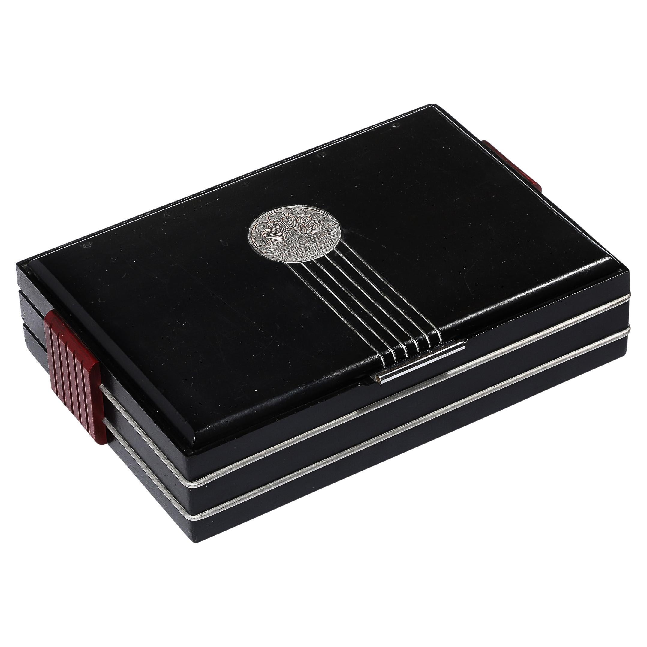 Art Deco Machine Age Aluminum Silvered Crest Lacquered Box w/ Bakelite Handles For Sale