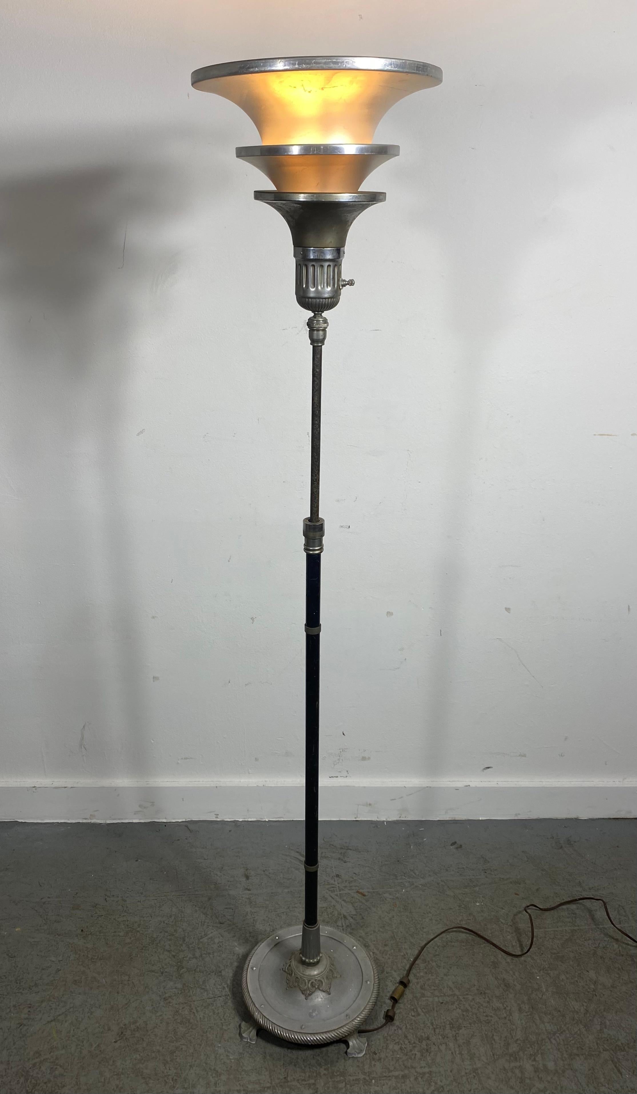 Art Deco / Machine age Aluminum Triple cone adjustable height Torchere, floor lamp.. measures from 55-68
