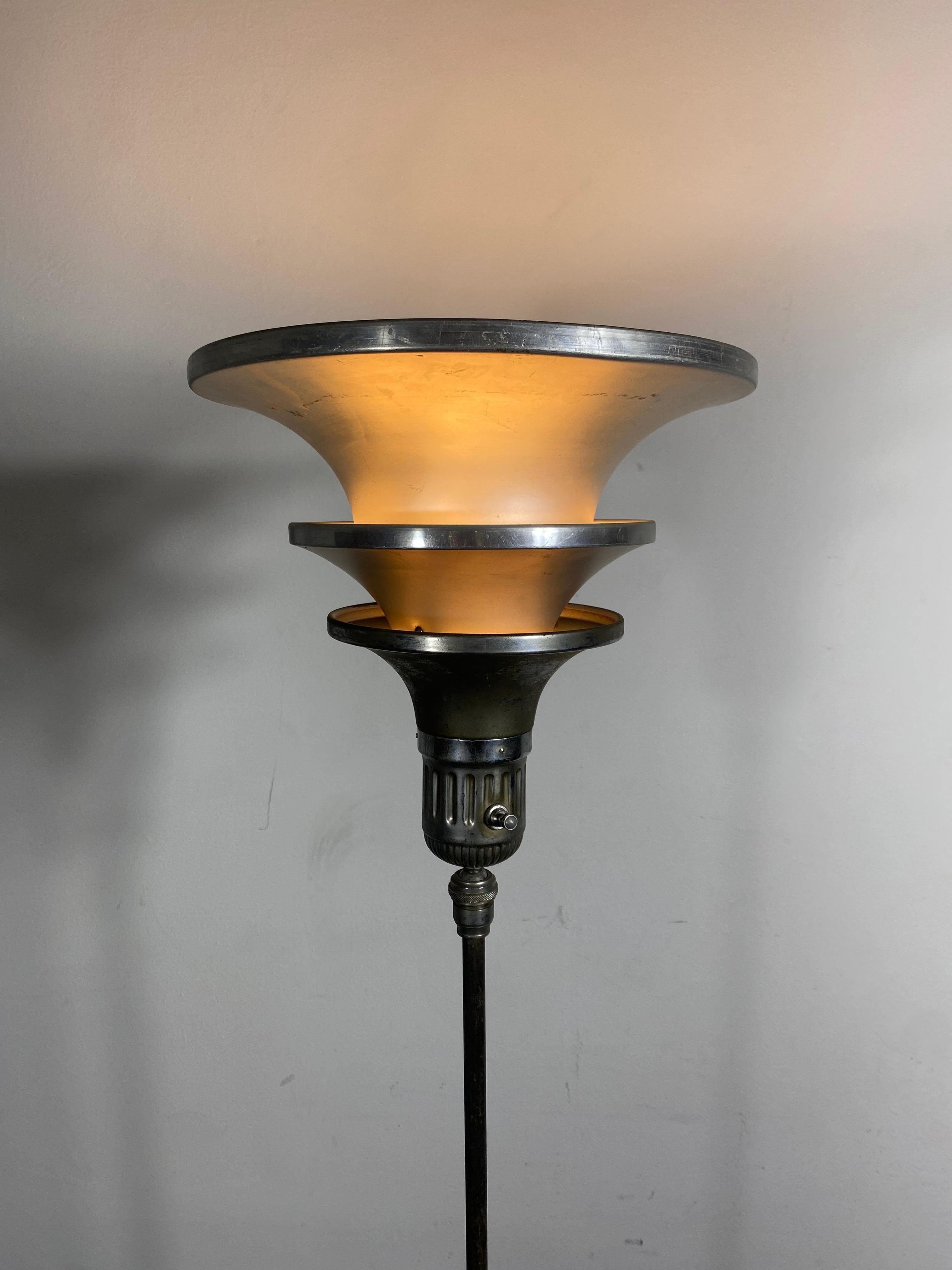 American Art Deco/Machine age Aluminum Triple cone adjustable height Torchere, floor lamp For Sale