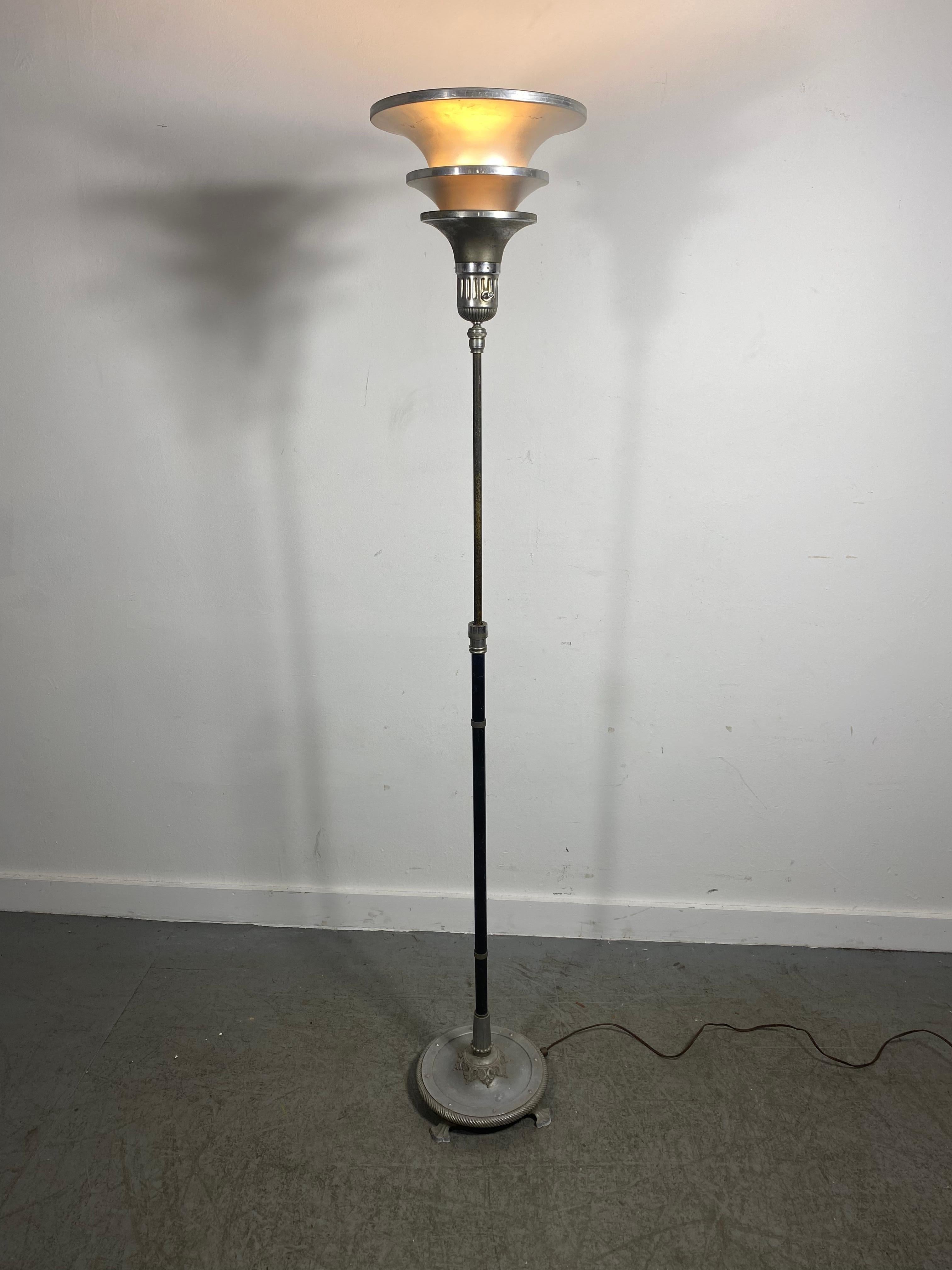Art Deco/Machine age Aluminum Triple cone adjustable height Torchere, floor lamp In Good Condition For Sale In Buffalo, NY