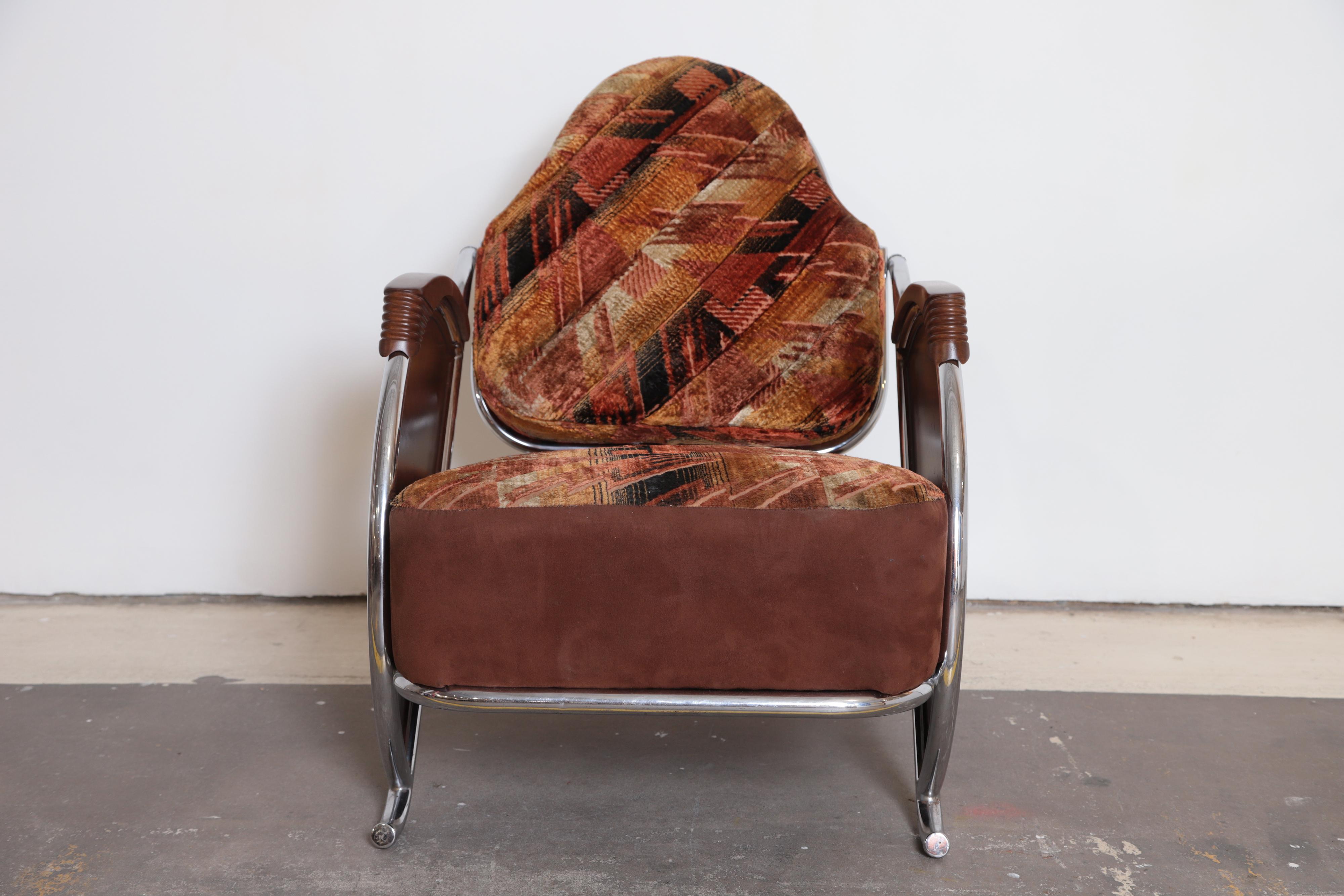 Wood Art Deco Machine Age Armchair, Original Fabric Unusual Jazz Age Design For Sale