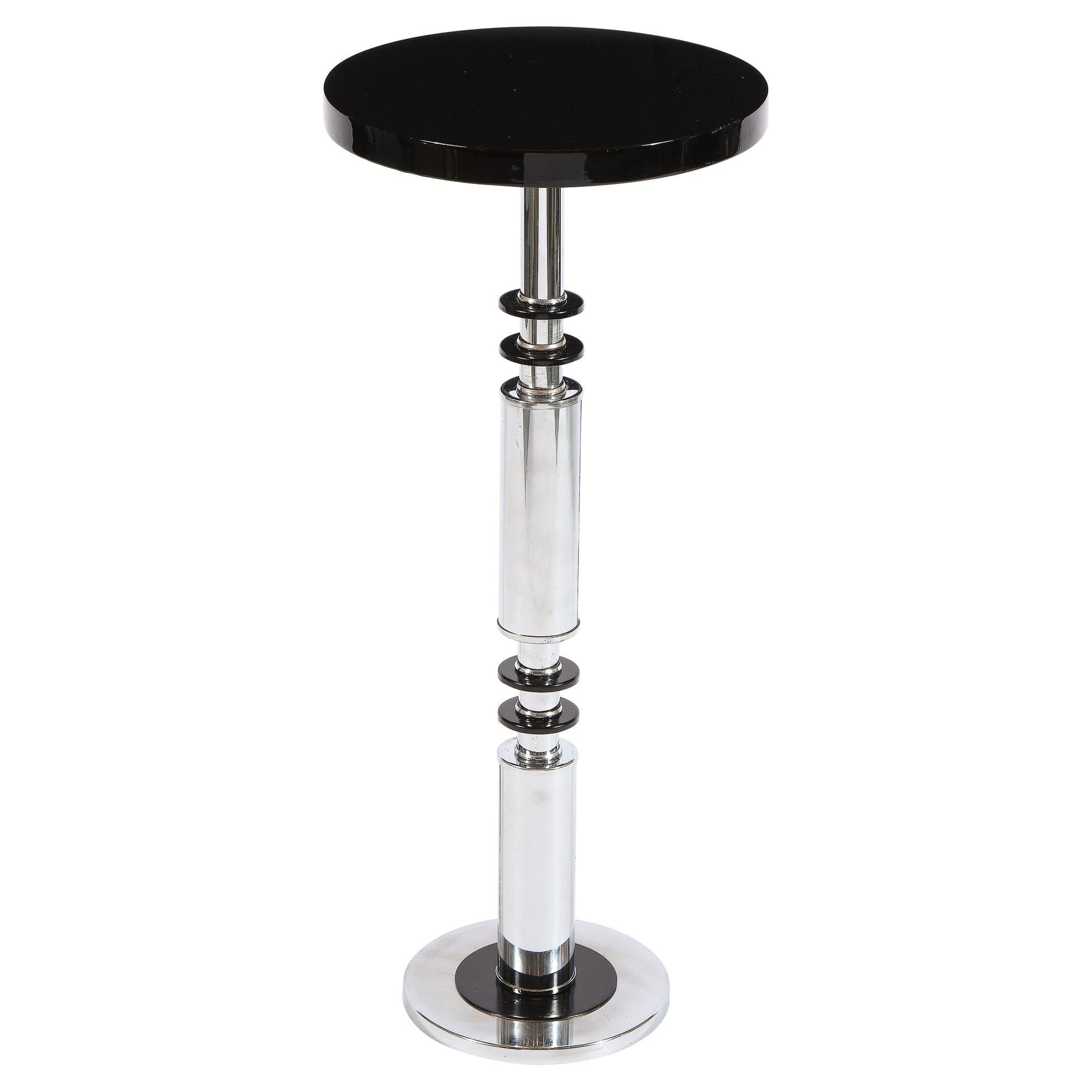 Art Deco Machine Age Banded Drinks Table in Black Lacquer and Chrome