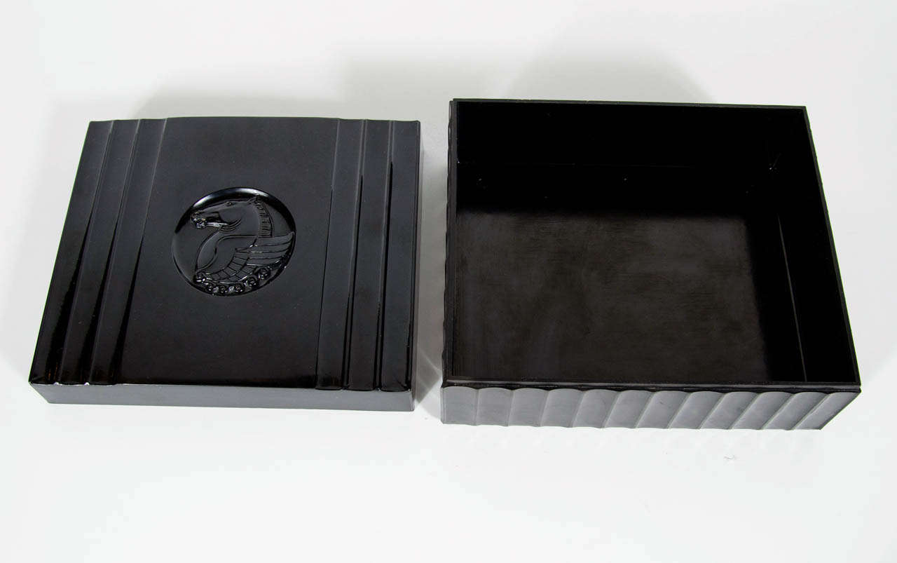 Mid-20th Century Art Deco Machine Age Black Bakelite Box with a Bas Relief Pegasus Center