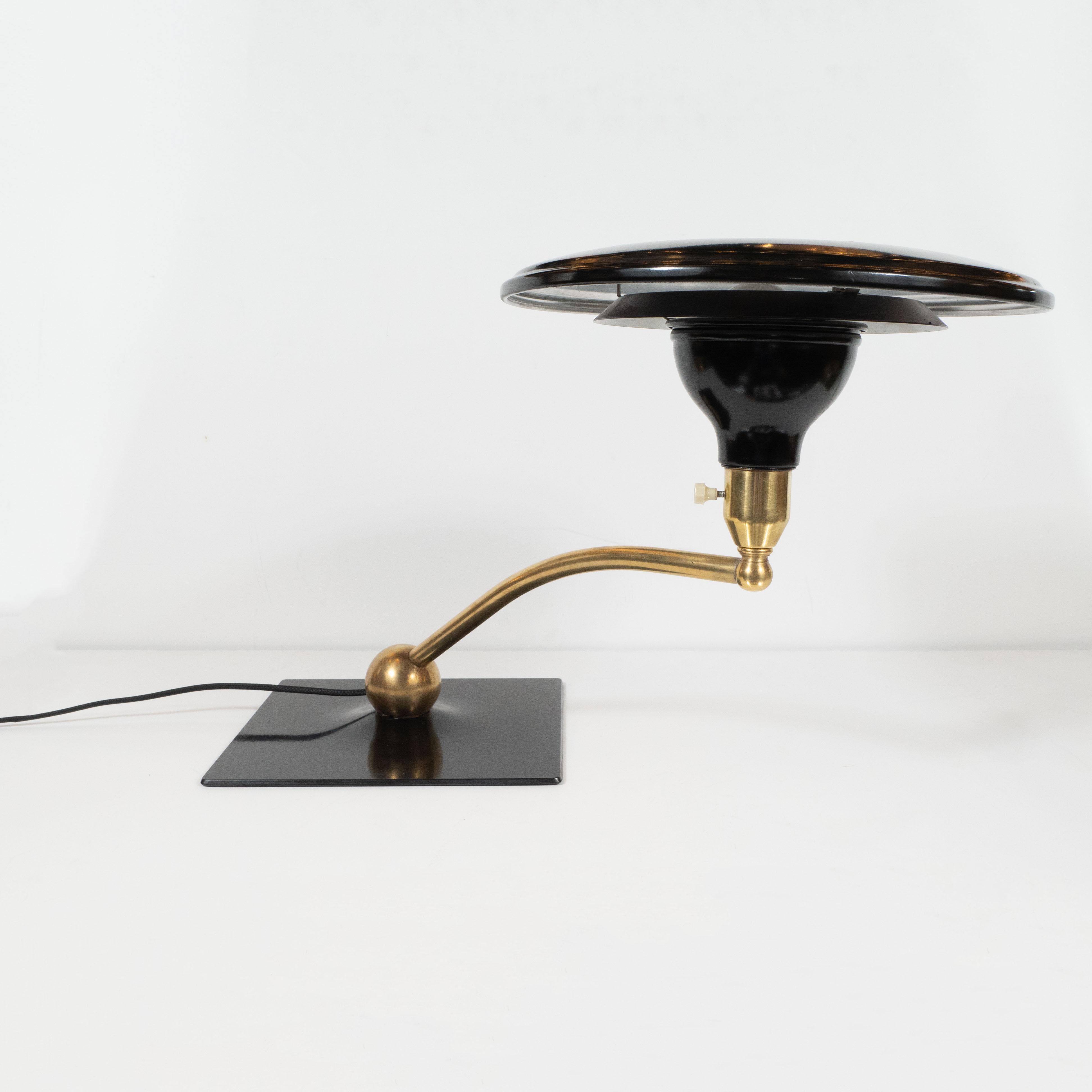Art Deco Machine Age Black Lacquer and Brass Swing Arm Table Lamp In Excellent Condition In New York, NY
