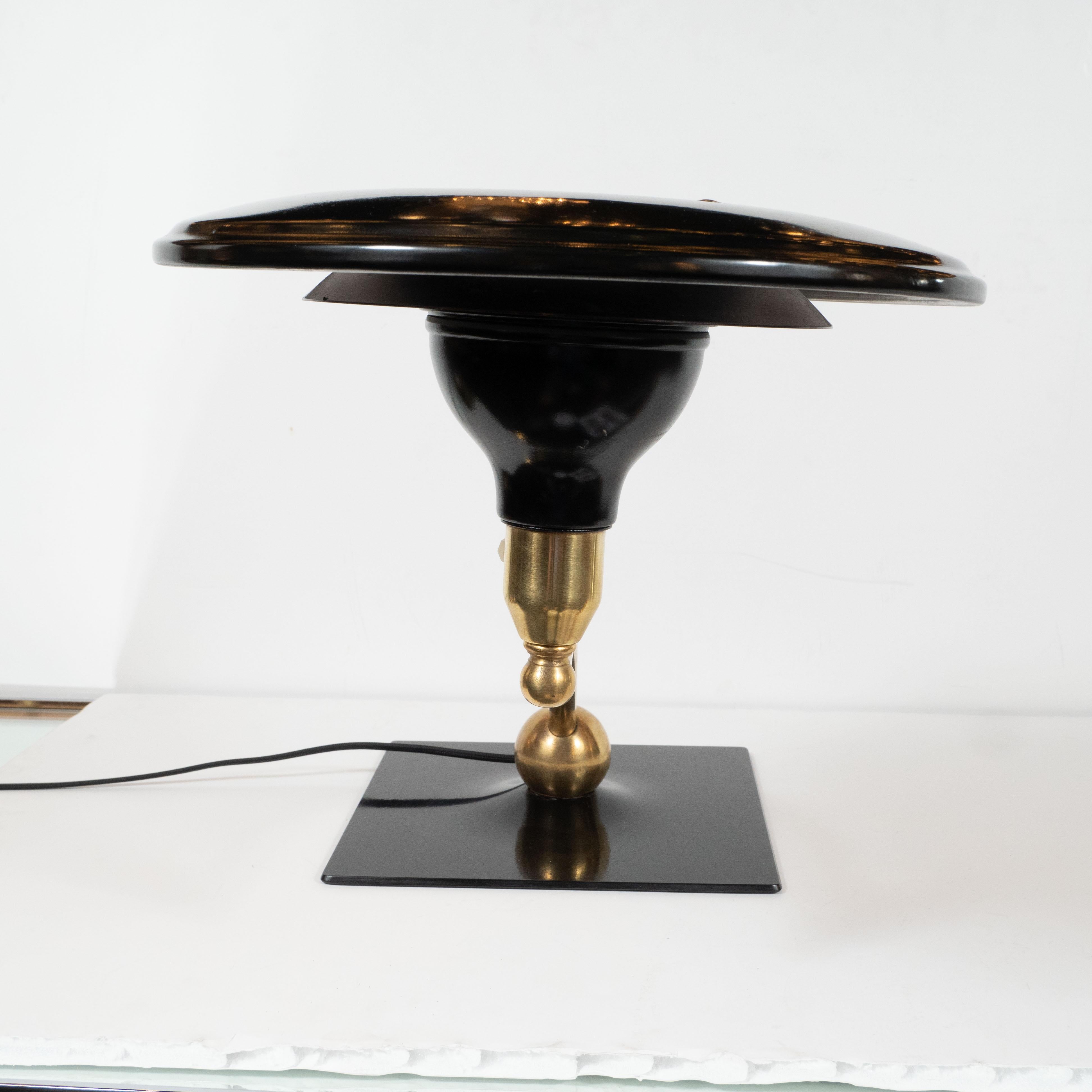 Mid-20th Century Art Deco Machine Age Black Lacquer and Brass Swing Arm Table Lamp